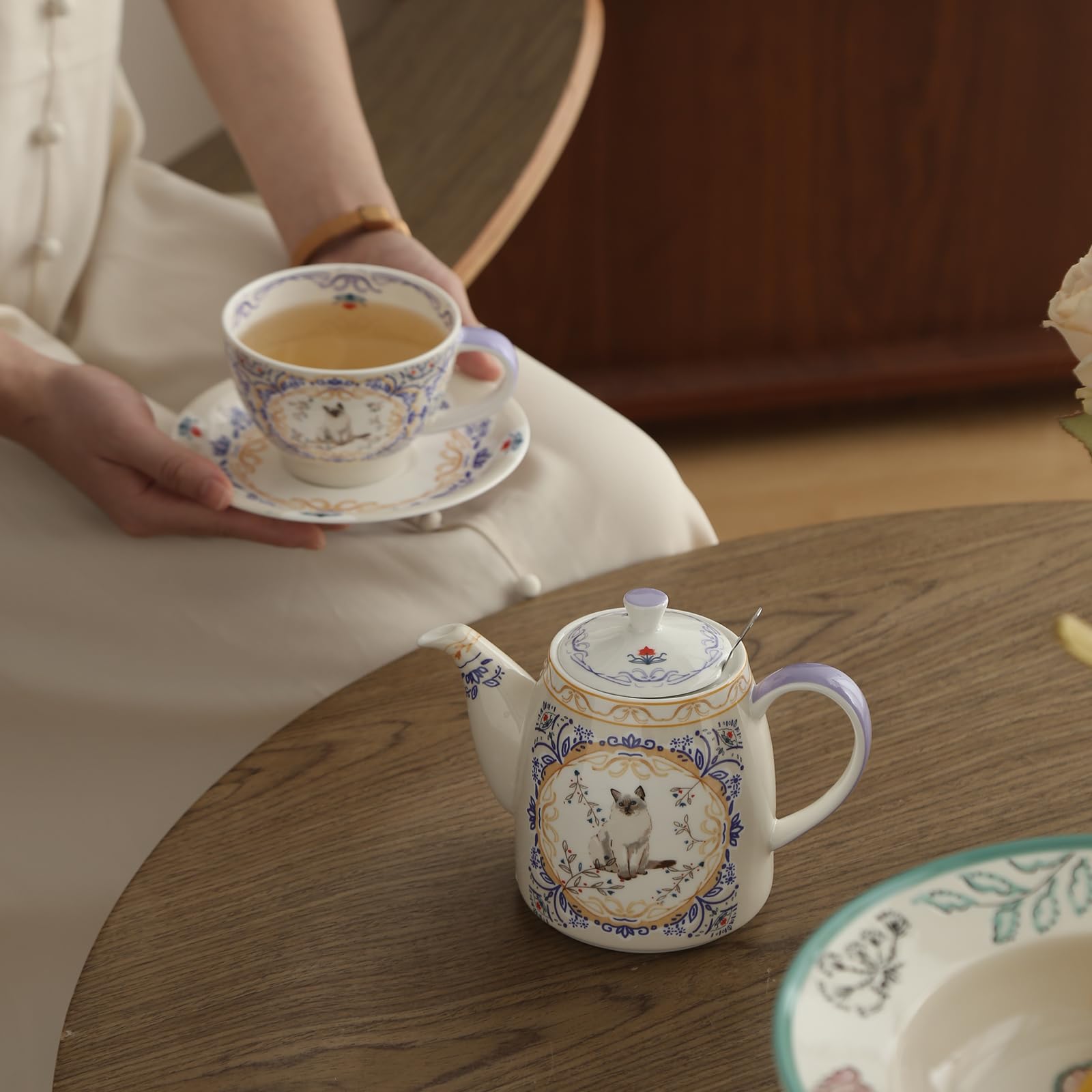 London Pottery Service à thé Aternoon en porcelaine anglaise pour 1 personne, théière, tasse et soucoupe à motif animal (chat)