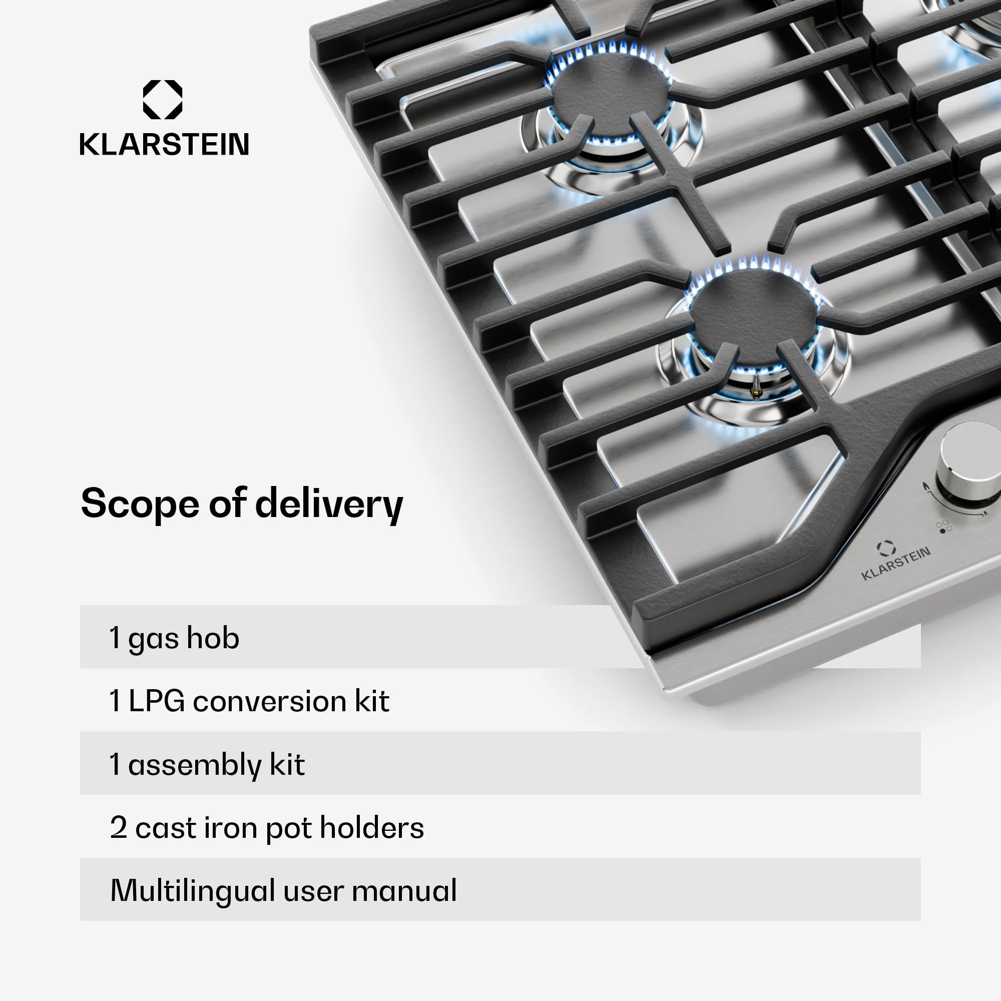 Klarstein Turbocast Płyta gazowa - 4-palnikowa ze stali nierdzewnej, Palnik wok 3,4 kW, Żeliwne ruszty, Zapłon elektryczny, Wyłączanie bezpieczeństwa, Zestaw LPG, Kuchenka do elastycznego gotowania