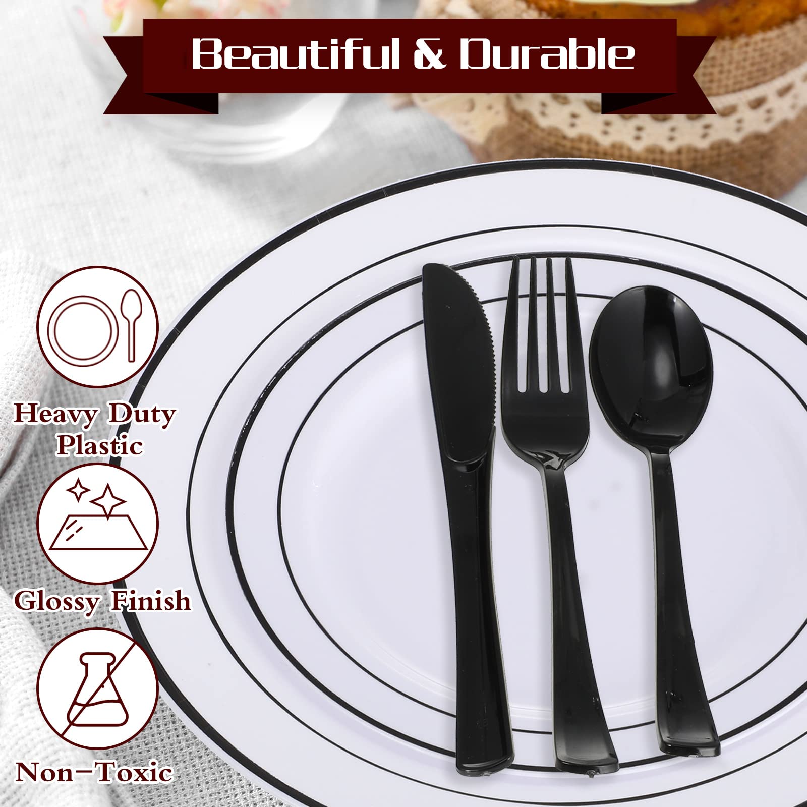 150 Pcs Guest Dinnerware Party Set 25 Plastic Dinner Plates 10.25" 25 Dessert Salad Plates 7.5" 25 Cups 75 Silverware Knives Forks Spoons Disposable Party Pack for Wedding Festival Picnic (Black)