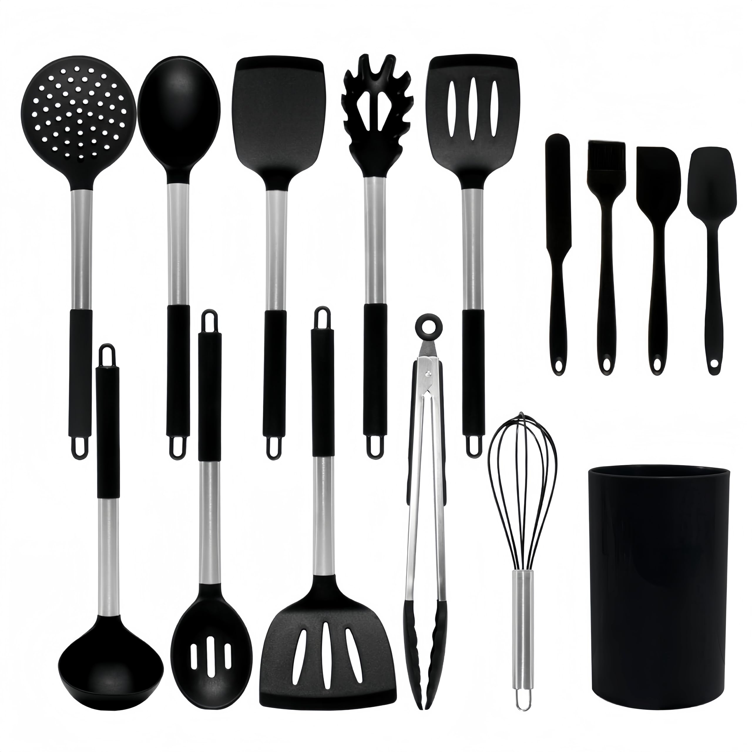 15-Piece Kitchen Utensils Set, 446°F Heat Resistant Silicone Utensil Set, Cooking Utensil Set With Stainless Steel Handles, Dishwasher Safe Bpa Free (Black)
