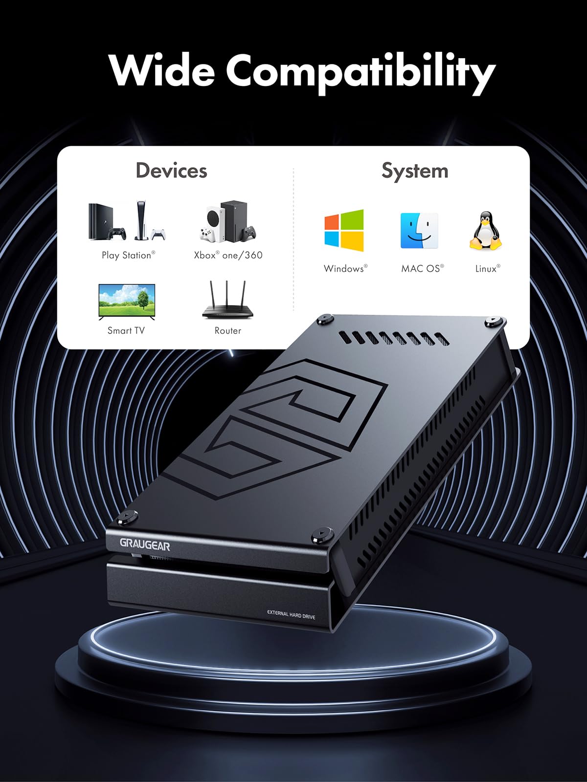 GRAUGEAR Disco duro externo de 8 TB en carcasa de aluminio para Playstation, diseño de disco duro formateado para PS4 y PS5, 8TB HDD de 3,5 pulgadas