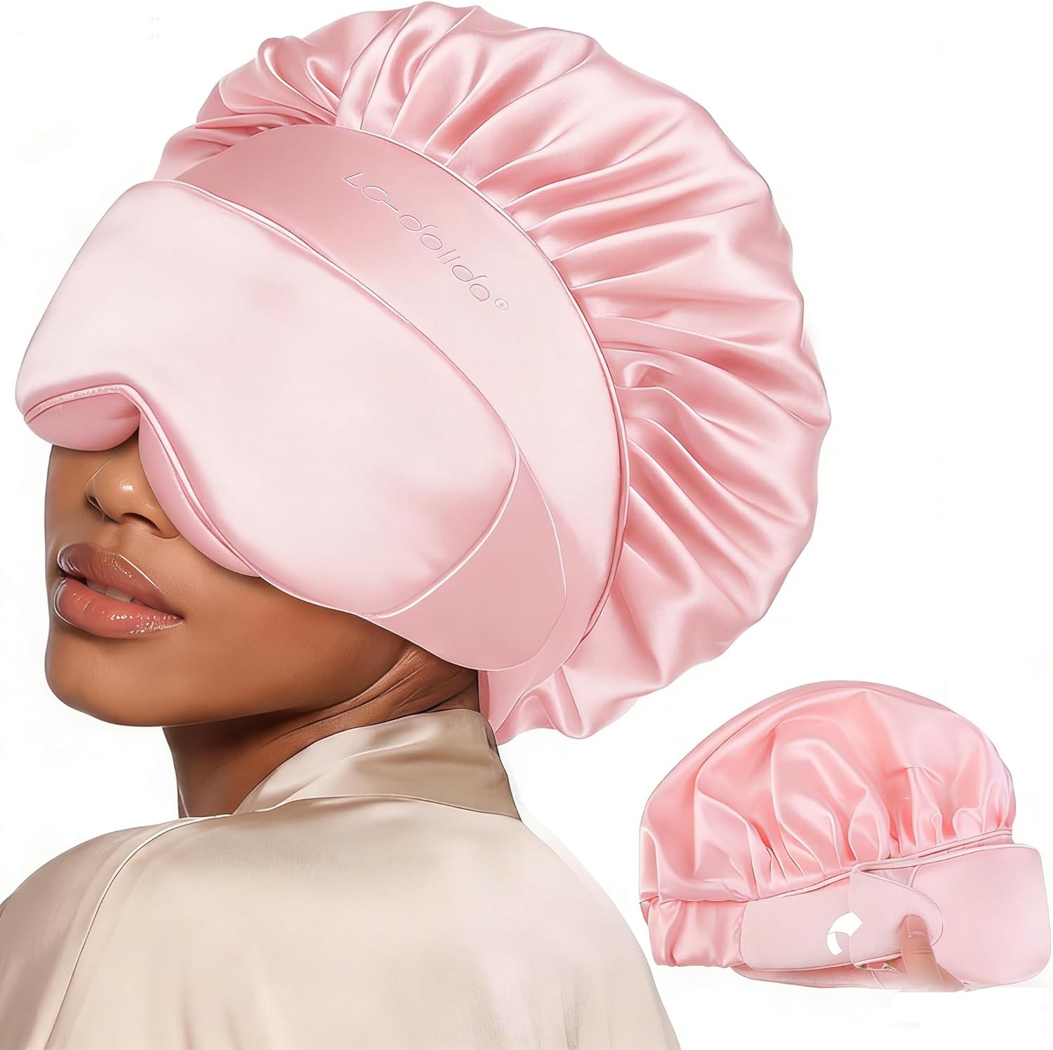 LC-dolida Satin Silk Bonnet for Sleeping Women Men, Bluetooth Hair Bonnet for Curly & Natural with Sleep Mask, Reduce Frizz