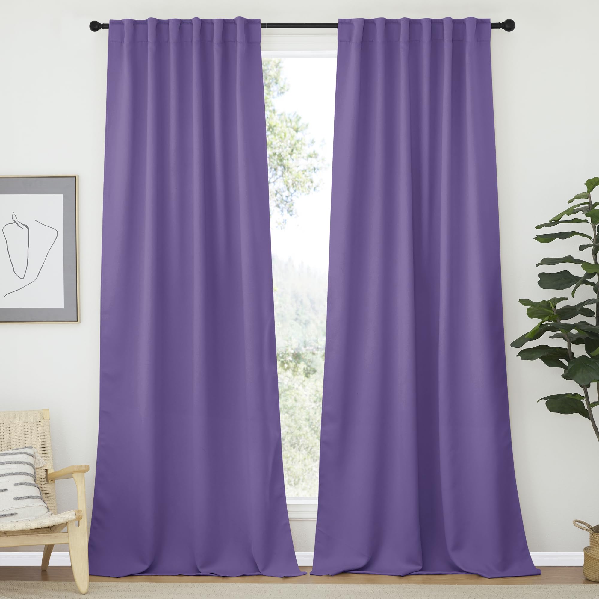NICETOWN Bedroom Blackout Curtain Panels - (Lilac Purple Color) 52 x 120 inch, 2 PCs, Insulating Energy Saving Solid Rod Pocket Blackout Drapes for Hall, Villa