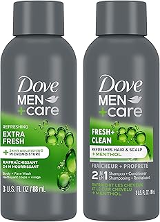 Dove Men+Care Travel Essentials Bundle – Extra Fresh Body & Face Wash & Fresh + Clean 2-in-1 Shampoo, 3 Oz Ea