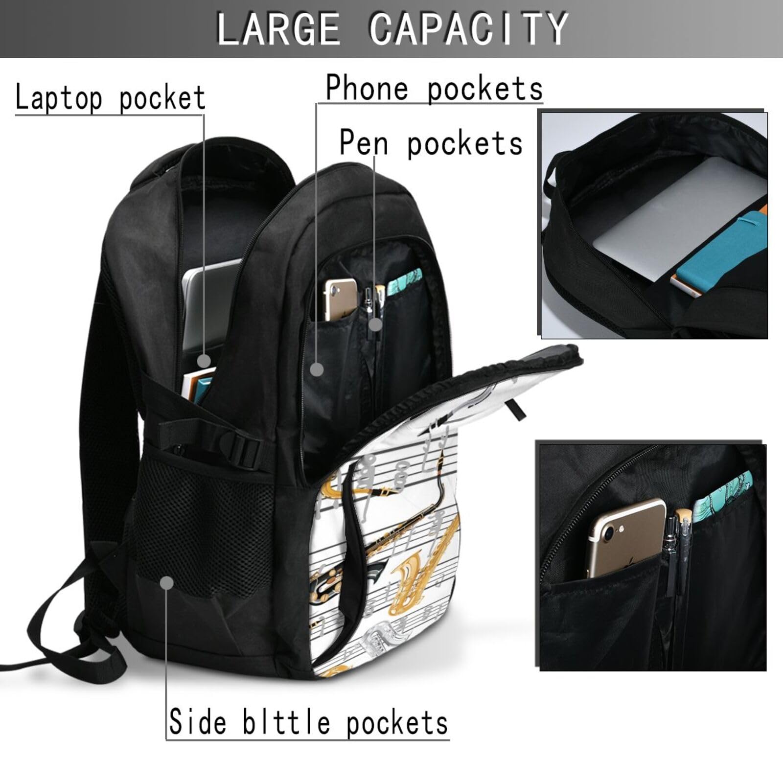 InOmak Musiknoten Saxophone, Reiserucksack, Freizeitrucksack, Schulrucksack, Laptop-Rucksack für Damen und Herren
