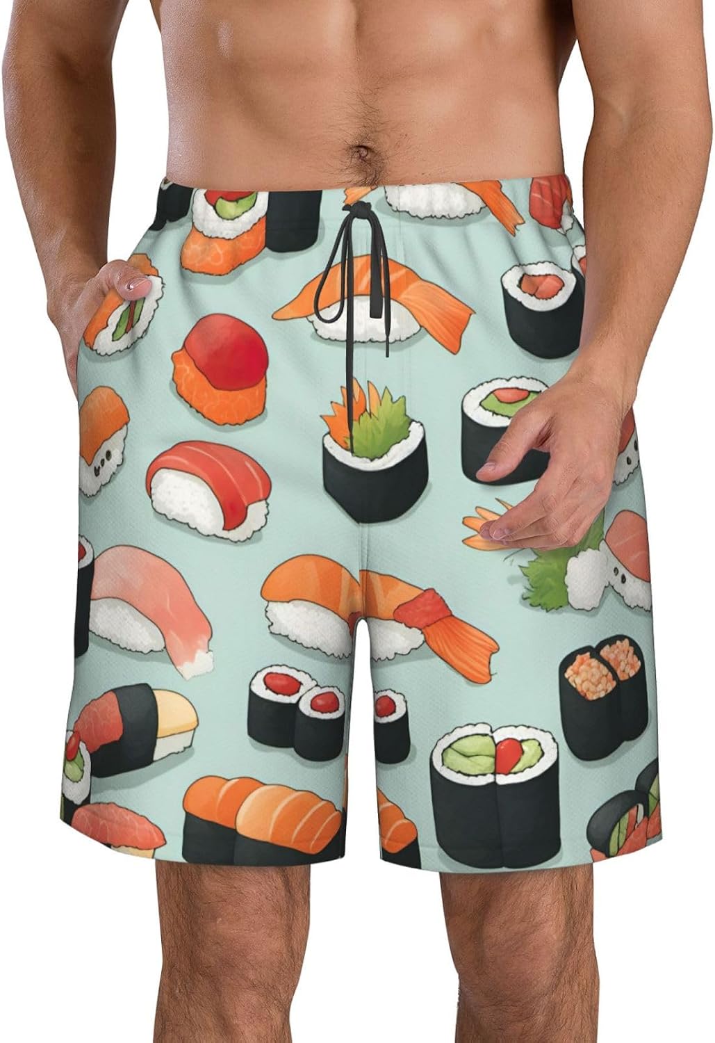 Delicious Sushi Print Men's Quick-Drying Shorts Casual Beach Pants Stretch Waist Shorts and Pockets