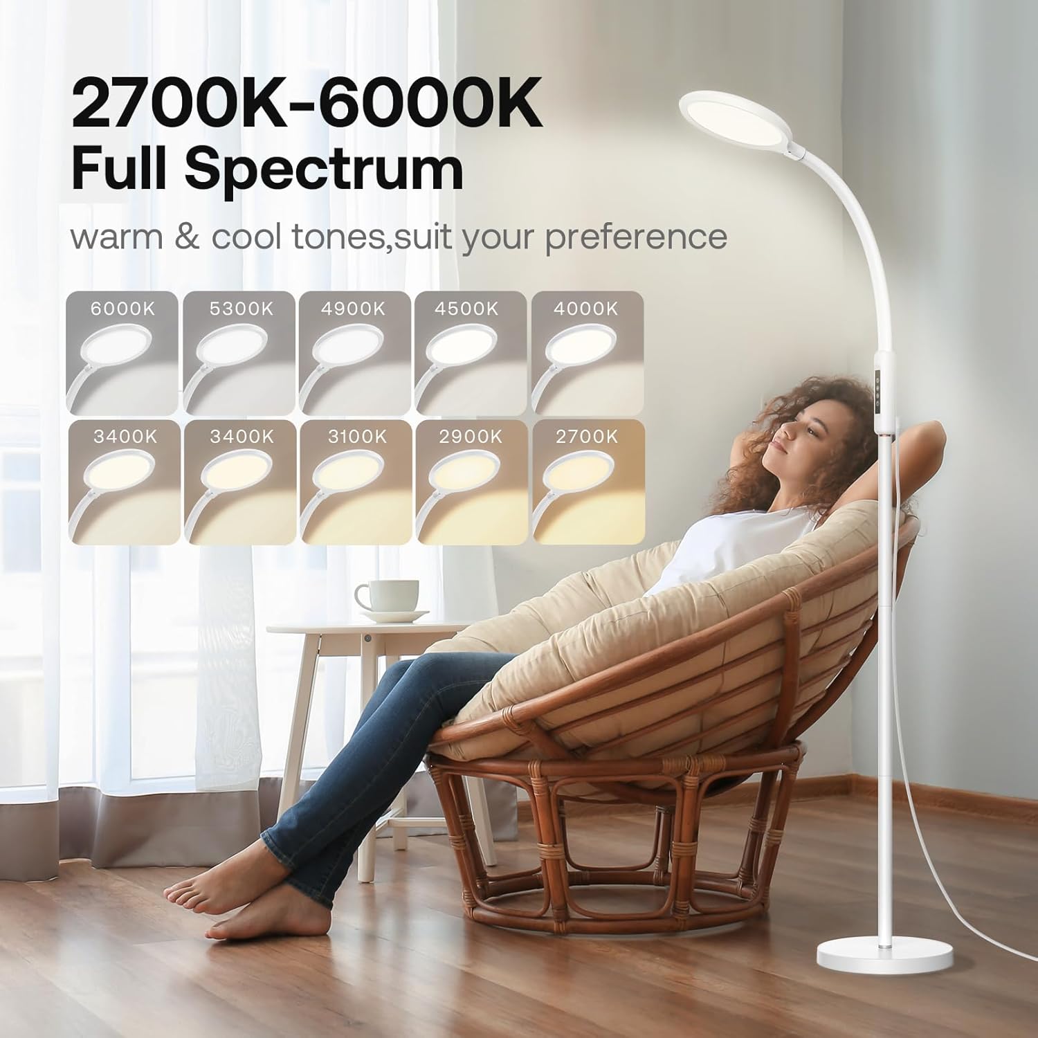 Aoife Sunlight Light Therapy Floor Lamp with 15000 Lux Daylight 10 Color Temperature and 10 Brightness Natural Sun Light Remote Control and Timer