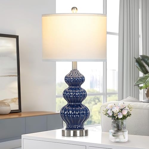 Miniatura 5 de Juego de 2 lámparas de mesa de cerámica de triple calabaza, modernas lámparas de noche azules con interruptor giratorio, lámparas de mesita de noche