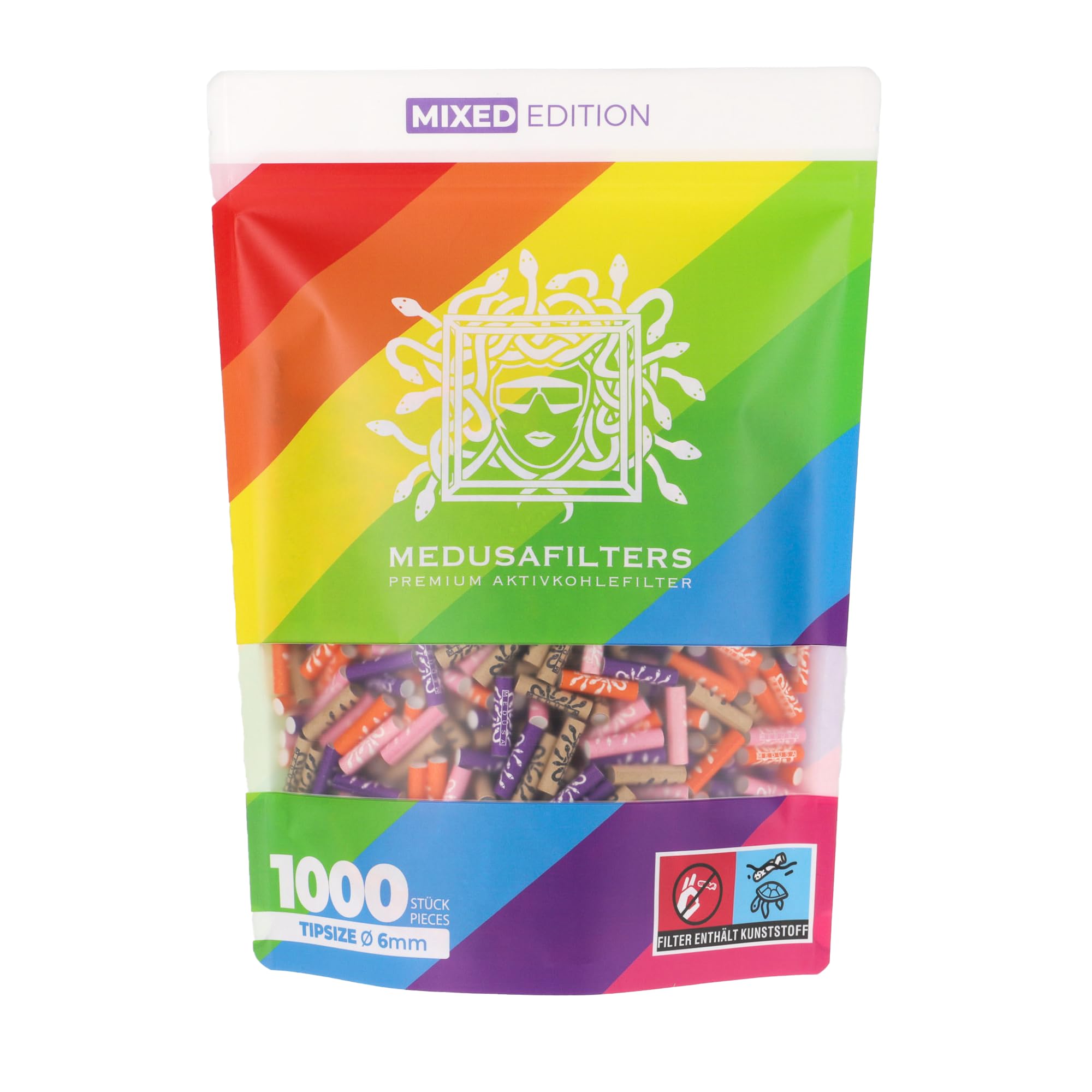 Medusafilters 1000 filtres à charbon actif Ø 6 mm | Tip Size | MIXED Edition | avec des capuchons en fibres végétaliennes et du charbon actif pour moins de polluants