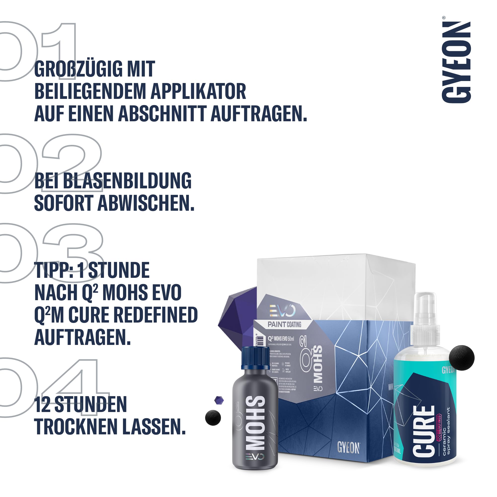 GYEON Q² Mohs EVO + Q²M Cure Detailer - Auto Keramikversiegelung - langanhaltender Tiefenglanz, mit starker hydrophober Beschichtung, bis zu 48 Monate (30 ml + 100 ml)