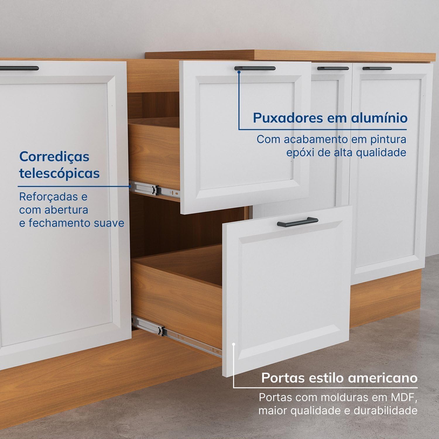 Close-up of telescopic slides, aluminum handles, and American style doors.