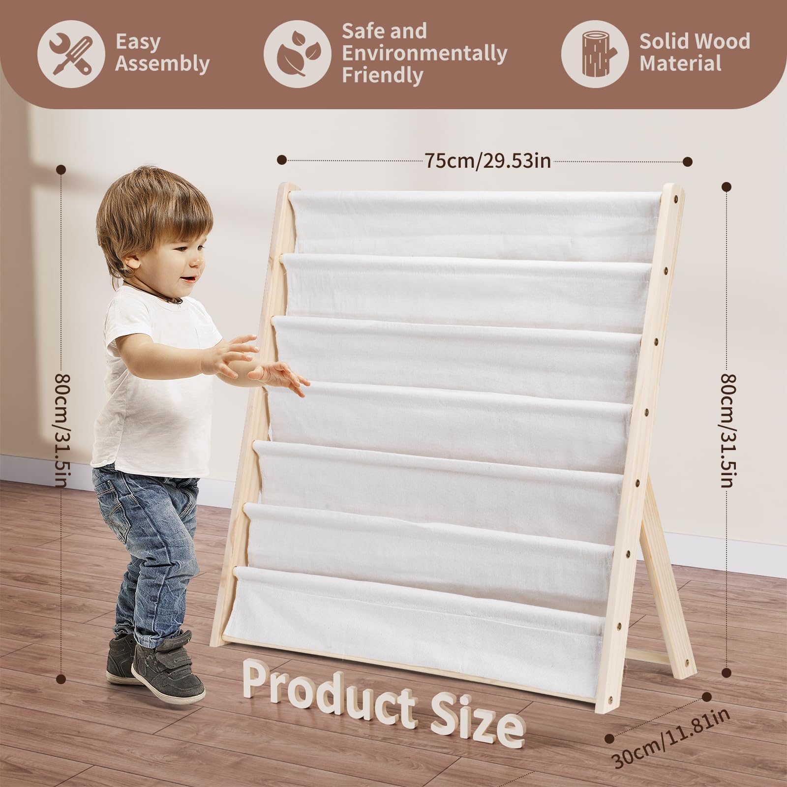 Bibliothèque pour enfants, 6 niveaux, étagère à livres, rangement, présentoir, accès facile, organisateur de livres en bois avec poche pour chambre d'enfant et salle de jeux (Beige)