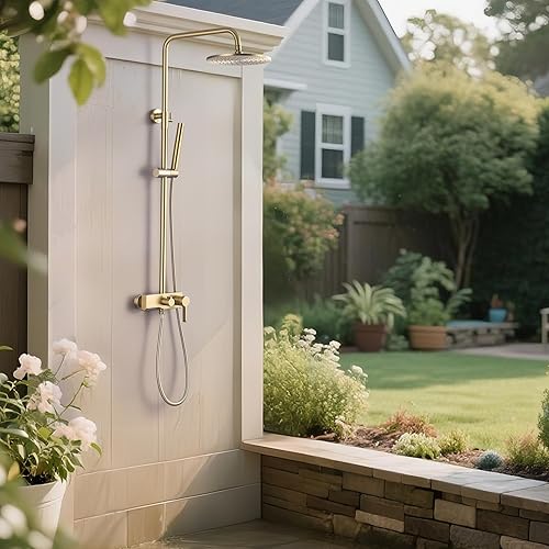Miniatura 3 de CHALIRS Sistema de ducha expuesto de oro cepillado con 2 modos de mano, 3 funciones de grifo de ducha con válvula de latón, accesorio de ducha con