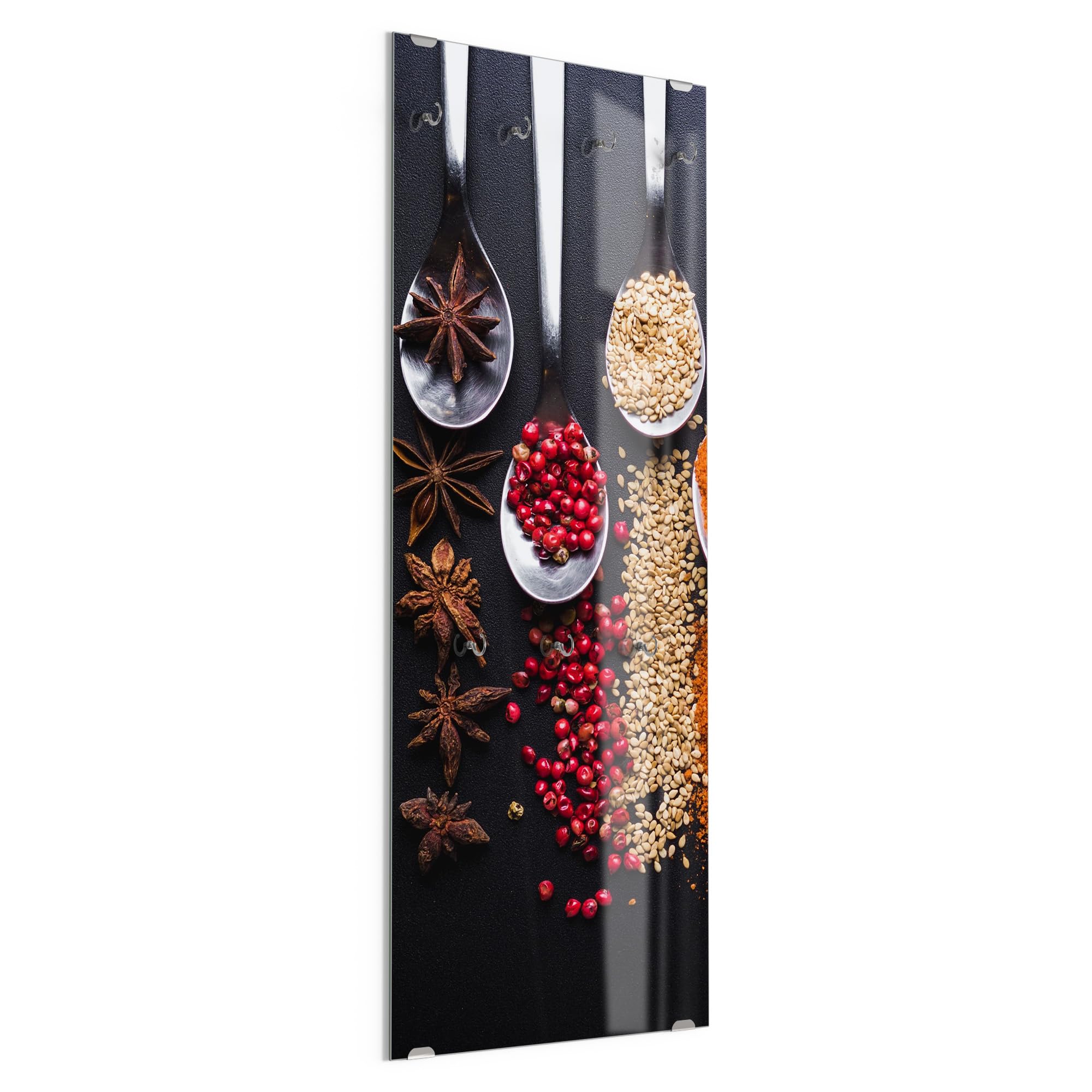 DEQORI Kleiderhaken aus Glas mit Motivdruck | Design vertikal, 50x125 cm | Motiv Kochlöffel mit Gewürzen | ESG-Sicherheitsglas mit 7 Haken – beschreibbar & montagefreundlich – pflegeleicht