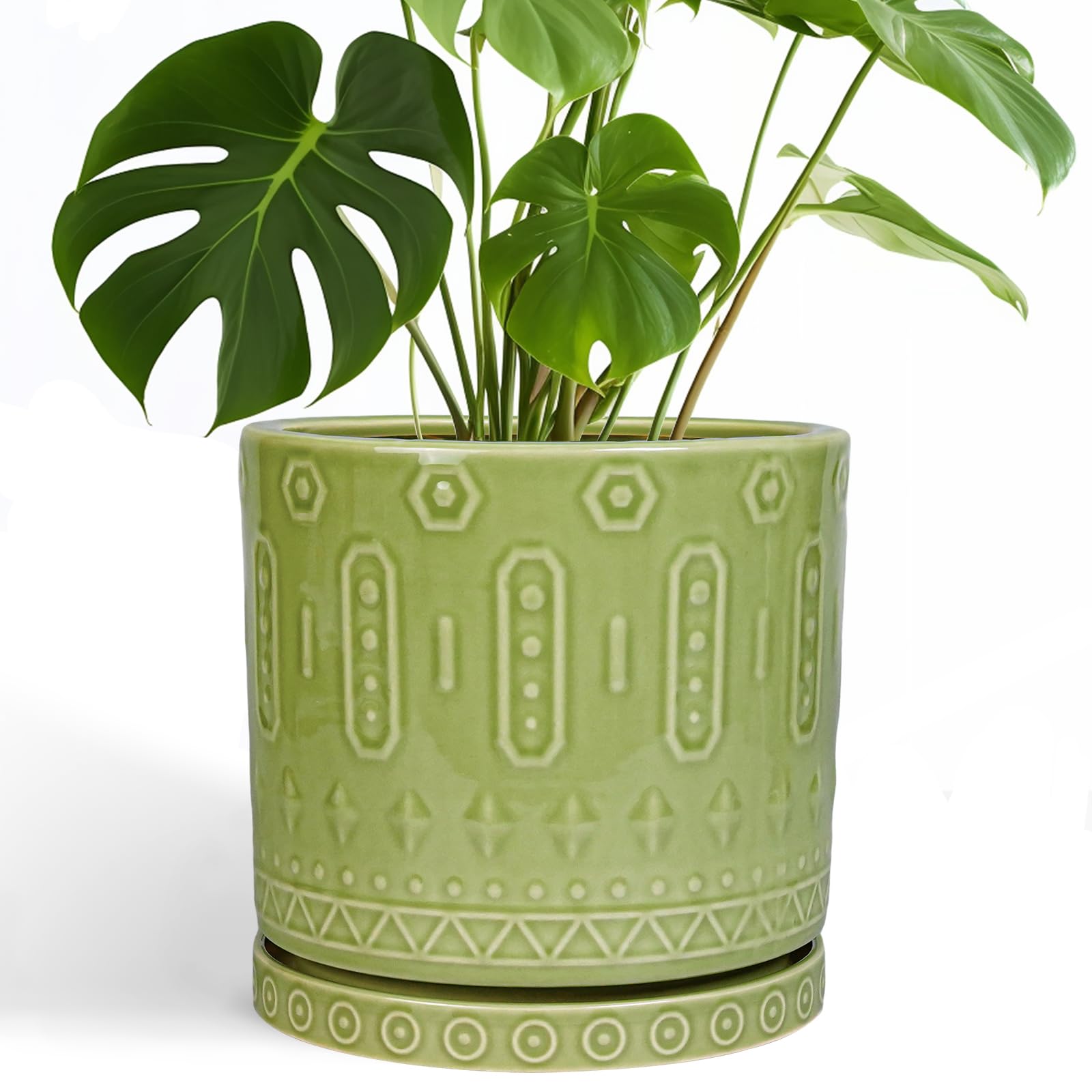 EightPot Ceramic Pot for Plants - 10 Inch Indoor Plant Pots with Drainage Holes and Saucer, Boho Round Planter Outdoor, Decorative Large Planter for Flower, Living Room Decor, Garden Gifts, Green