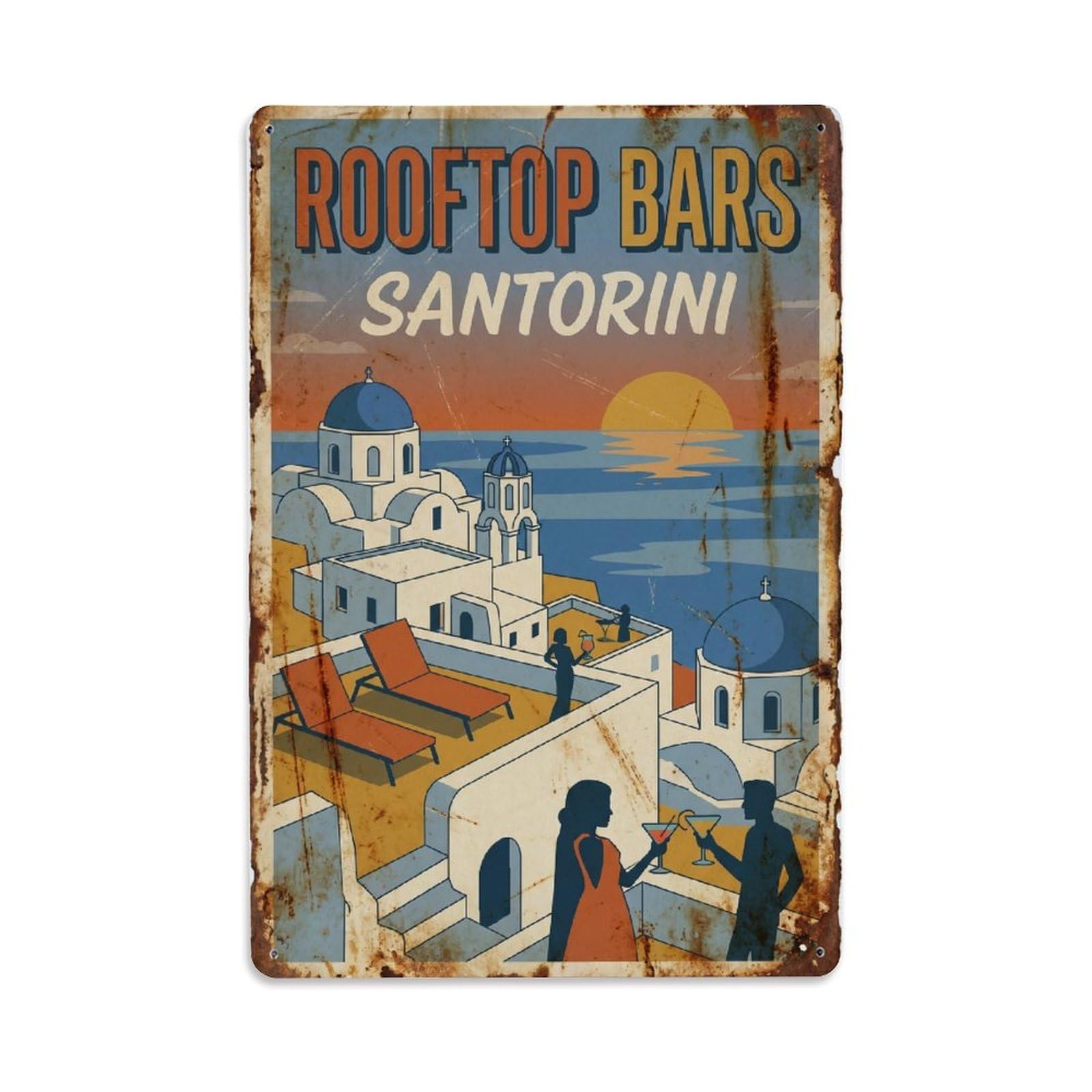Gead 8X12inch Style Vintage Travel Santorini Rooftop Bars Metal Tin Sign