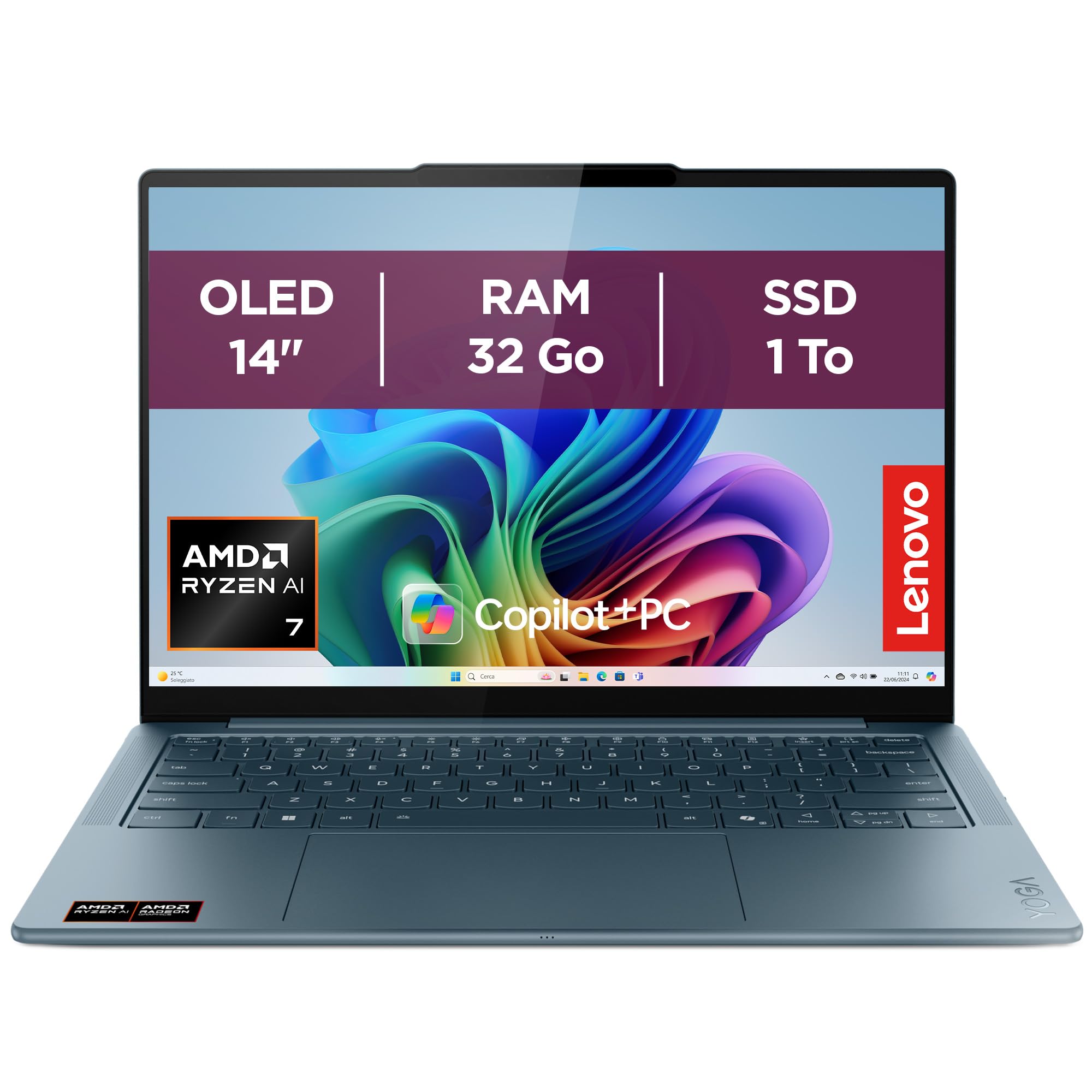 Lenovo Yoga Slim 7 14AKP10 - Ordinateur Portable 14'' OLED Copilot+ (AMD Ryzen AI 7 350, RAM 32Go, SSD 1To, AMD Radeon 860M Graphics, Windows 11 Home) Clavier rétroécl. AZERTY + Écouteurs - Tidal Teal - 1