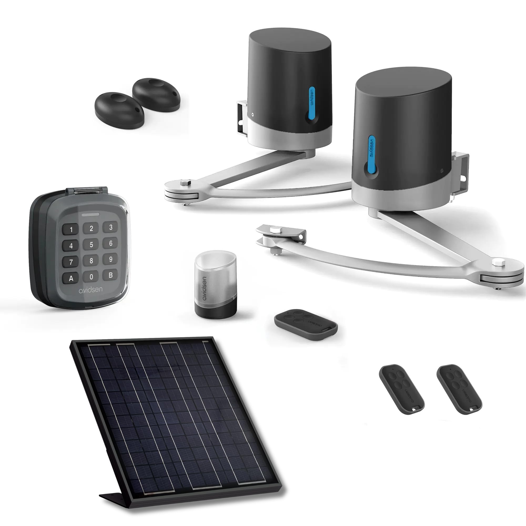 Avidsen Orane SE Kit Motorisation Solaire Portail Battant 250kg 2.5m | Panneau 20W intégré, Bras articulés, 3 télécommandes, Digicode sans fil, Photocellules sécurité