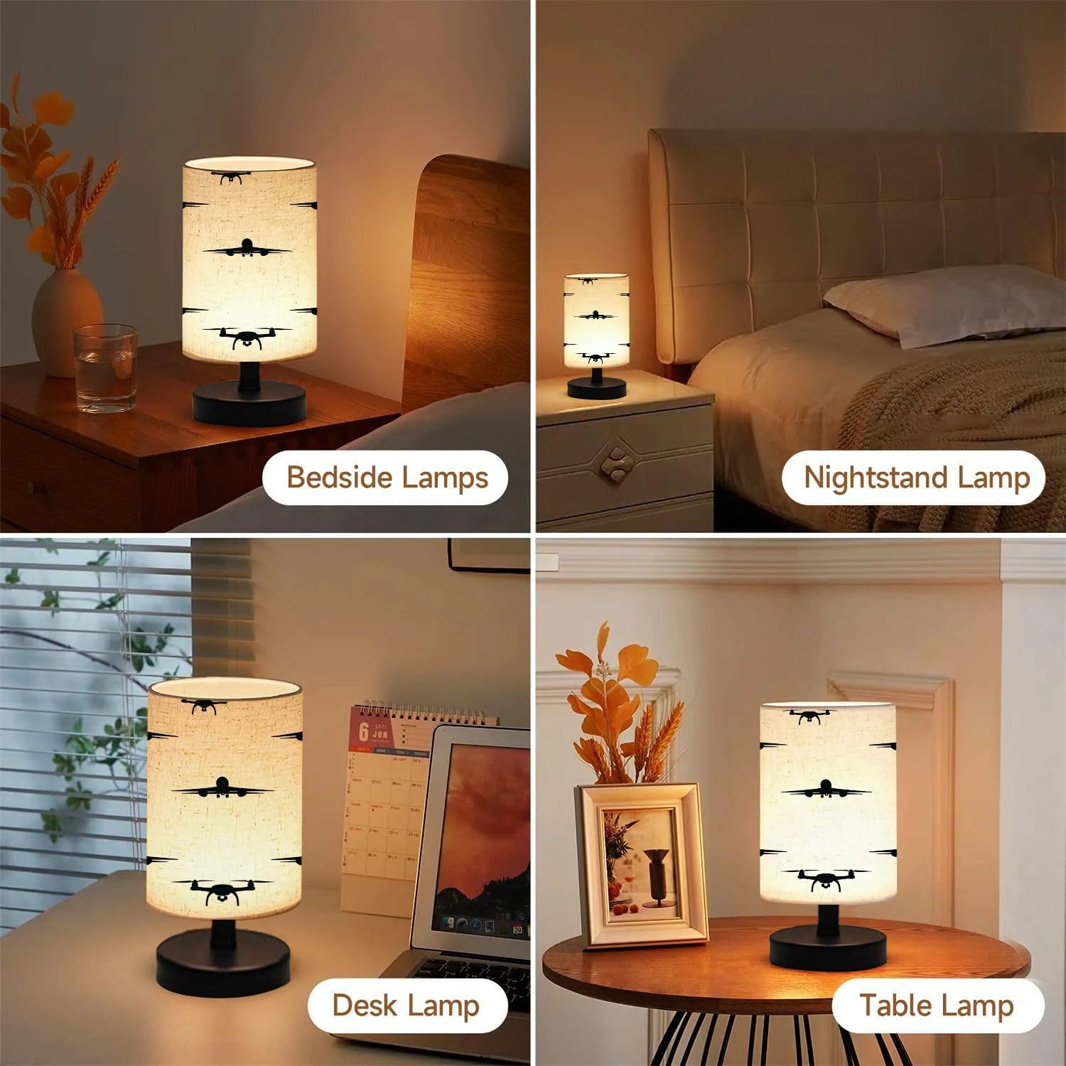 Bedside Lamp for Bedroom, Seamless pattern Airplane silhouette white ornament bed print aviation Small Lamp, Linen Lampshade Table Lamp, Dimmable Nightstand Lamp with Woodbase for Living Room Office