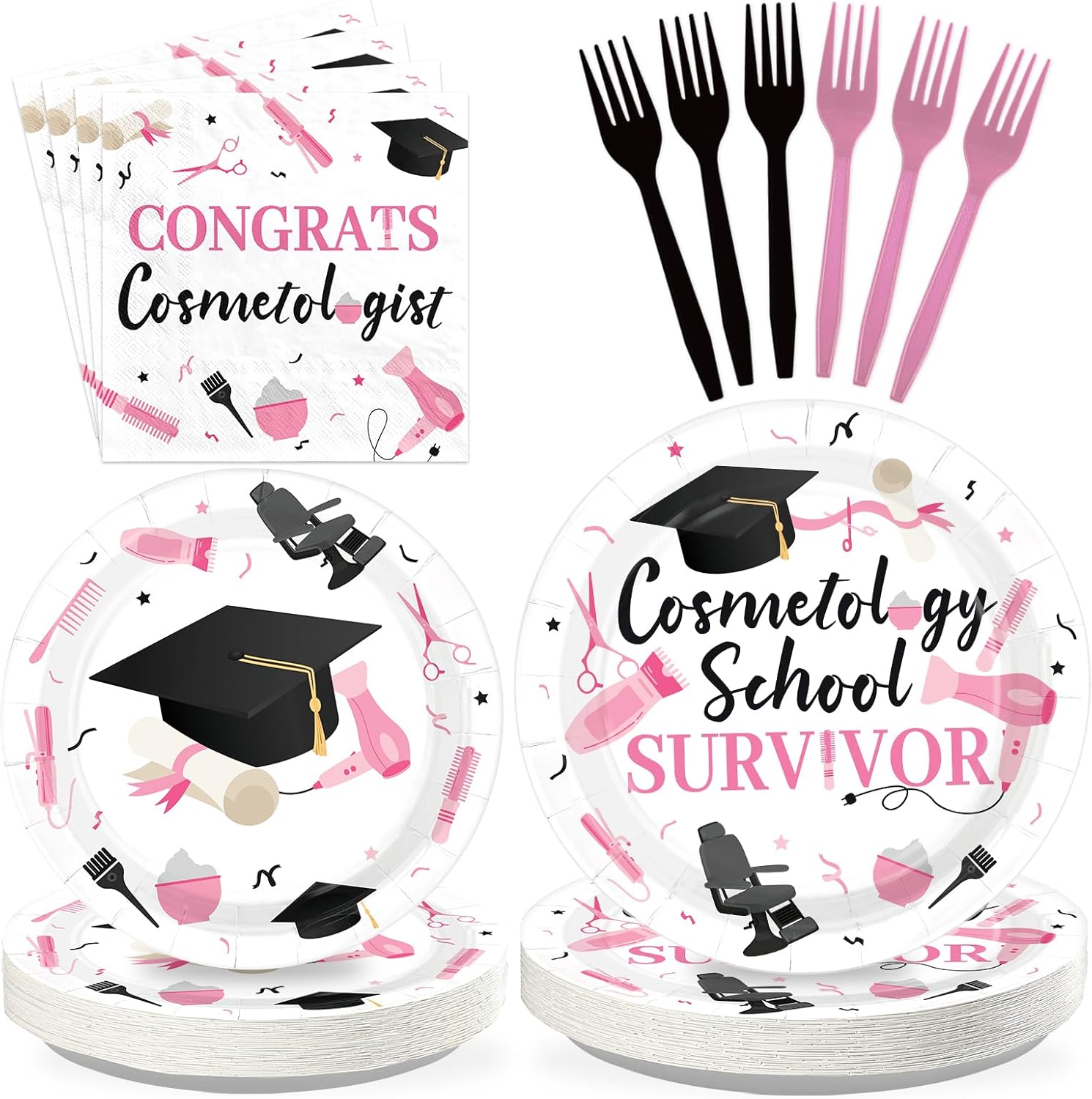 96 Pcs Cosmetology Graduation Party Supplies Barber Congrats Plates and Napkins Cosmetology School Survivor Tableware Set for Girls Boys Barber Graduation Party Supplies, Serves 24