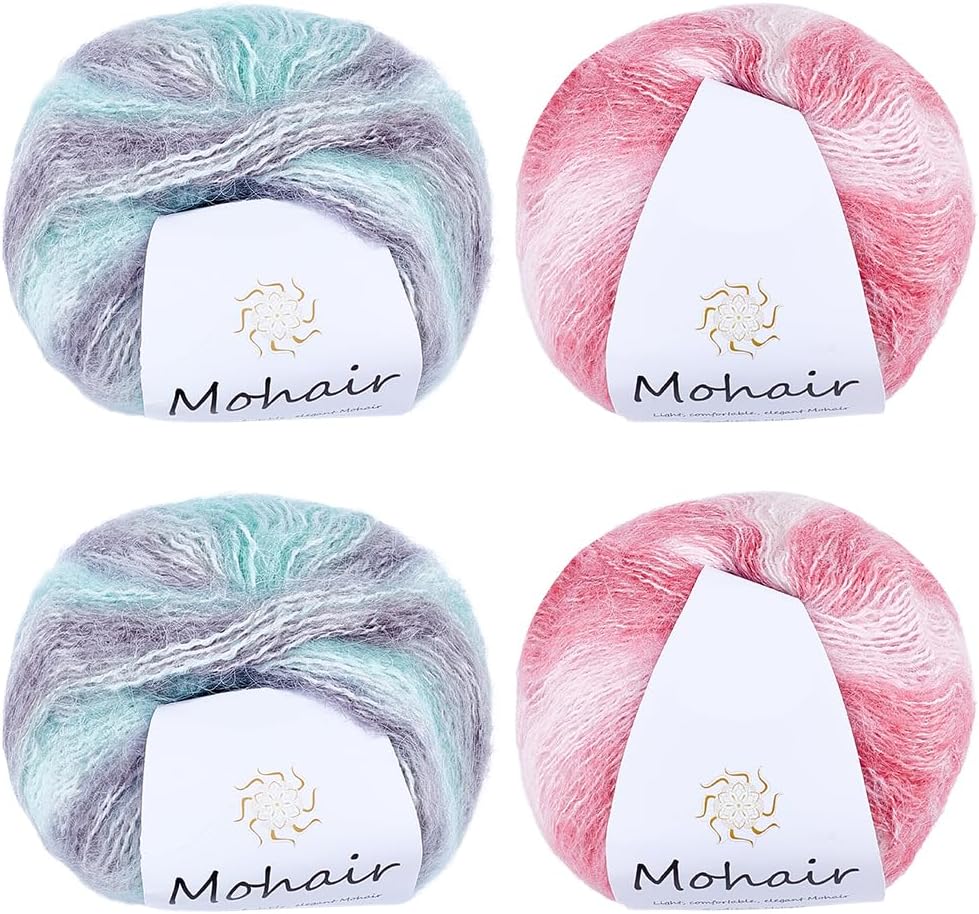 100G 4 Skeins 2 Colors Gradient Crochet Yarn Soft Segment Dyed Mohair Threads Rainbow Sewing Skeins Colored Thread Bulk for Hand Knitting Blankets Weaving Sweaters Scarfs DIY Crafts Supply