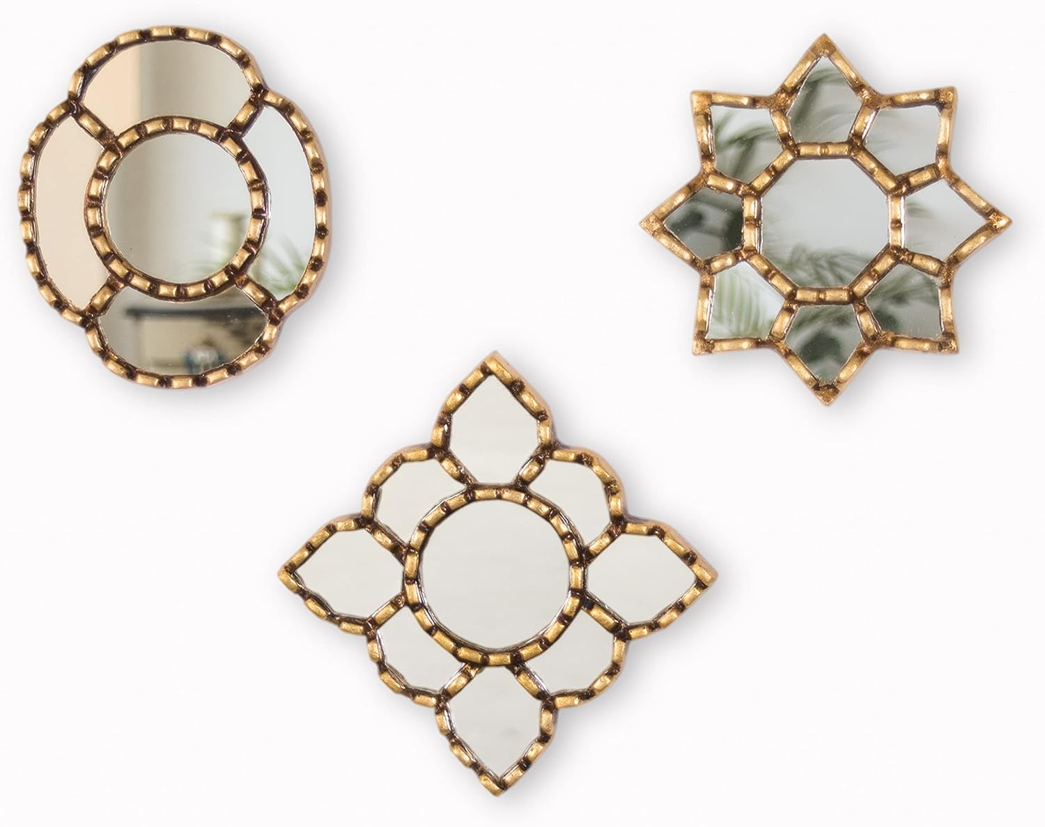 DecorContreras Peruvian Handmade Mirror Set of 3 - 6" Bronze Leaf Reverse Painted Glass Wall Art, Unique Mother's Day Gift