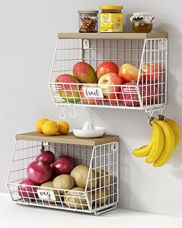 White Fruit Storage Basket for Kitchen Counter Set of 2, Wall Mount Wire...