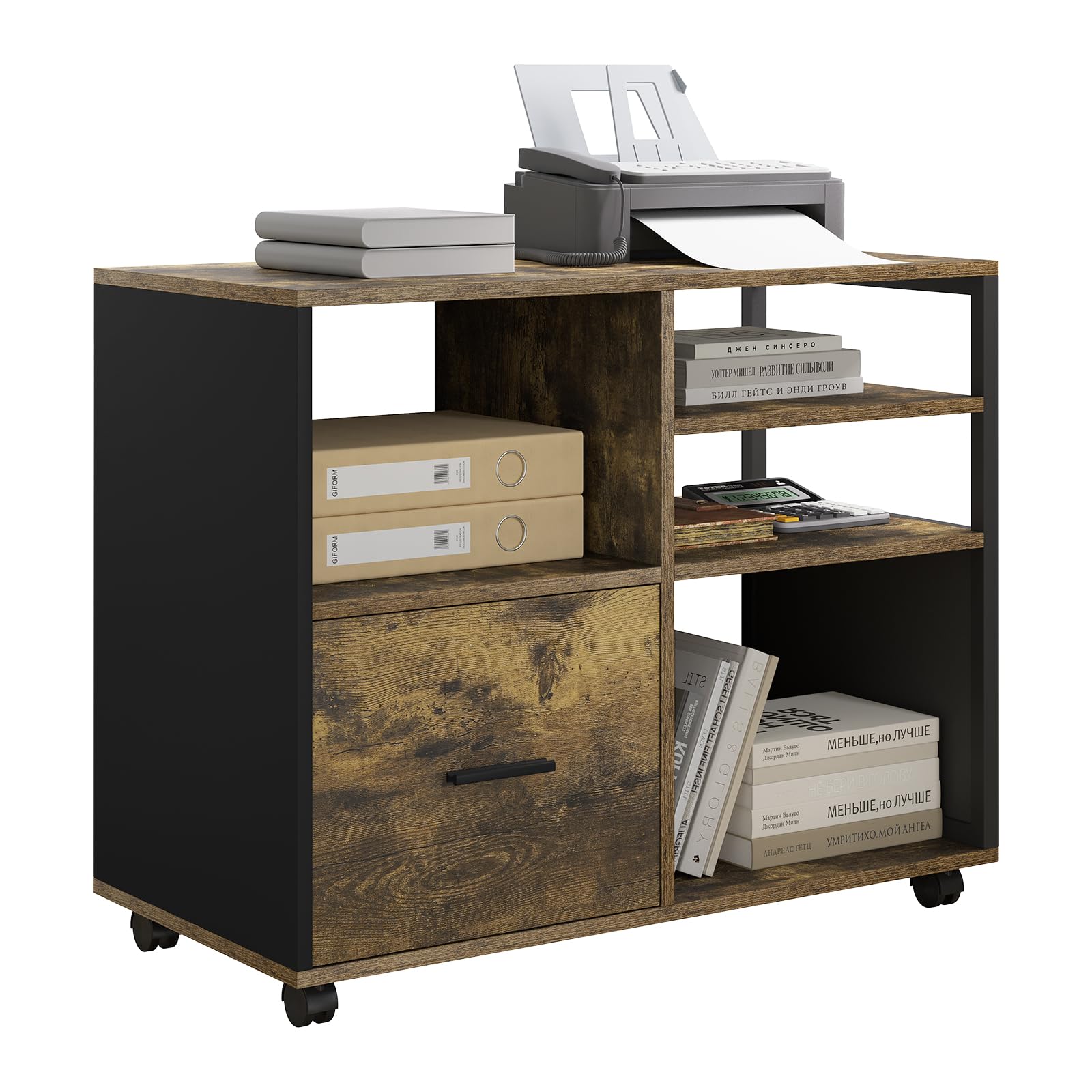 WOLTU Schedario da Ufficio con 4 Scomparti a Giorno, Mobile da Ufficio per Documenti con Ruote, Mobile Vintage per Stampante con 1 Cassetto, in Legno e Metallo, Marrone Rustico e Nero, ASK05hov
