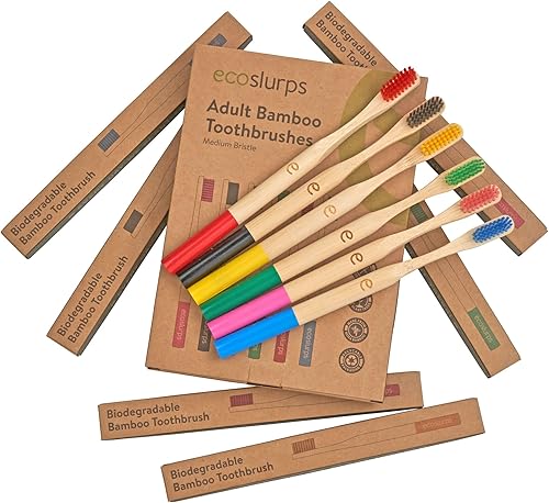Miniatura 5 de EcoSlurps Paquete múltiple de 6 cepillos de dientes de bambú – galardonado mango redondo suave cerdas medianas cepillo de dientes de madera juego