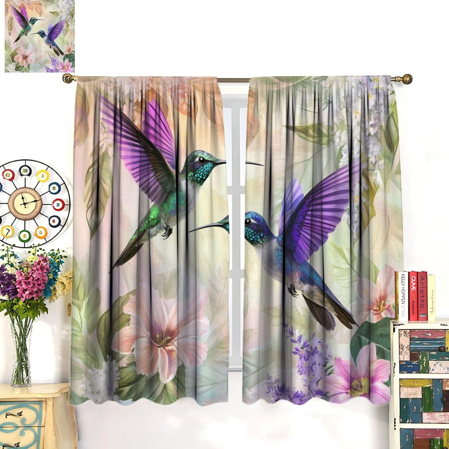 Beautiful Hummingbird Art Blackout Curtains for Bedroom/Living Room, Colorful Floral Leaf Curtains Rod Pocket Thermal Insulated Window Drapes, 21W x 63L, 2 Panels