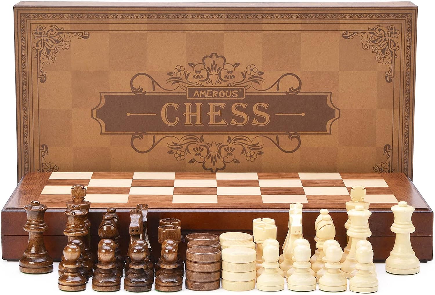 AMEROUS Wooden Chess & Checkers Set with Upgraded Weighted Chess Pieces, 15 Inches (2 in 1) Chess Board Games for Kids, Adults w/ 2 Extra Queens / 24 Cherkers Pieces/Gift Package
