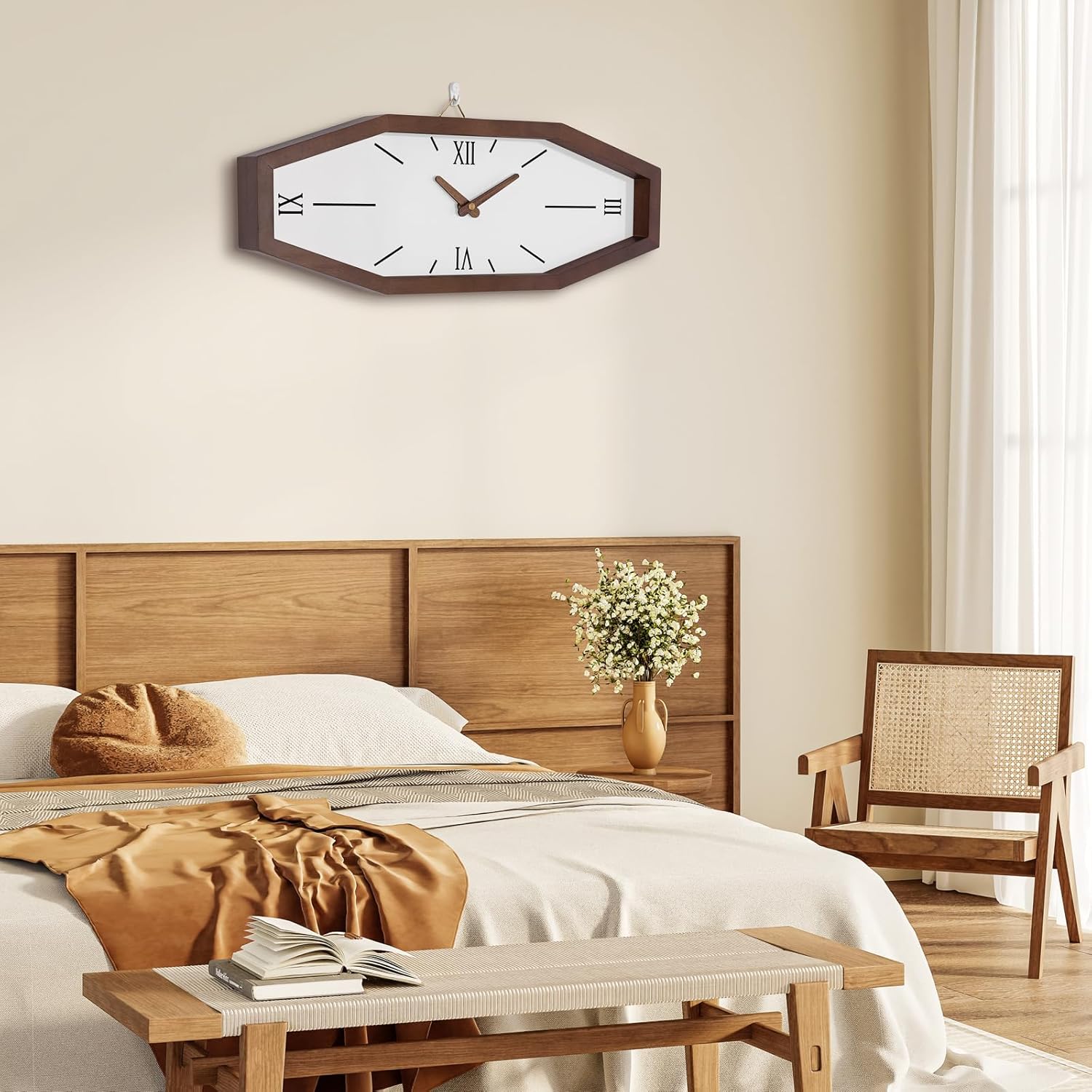 Foxtop Wooden Mid Century Modern Wall Clock, 17.5 Inch Unique Wall Clock Battery Operated Silent Non-Ticking Retro Clock Decorative for Living Room Kitchen Home Office Desk (Brown)