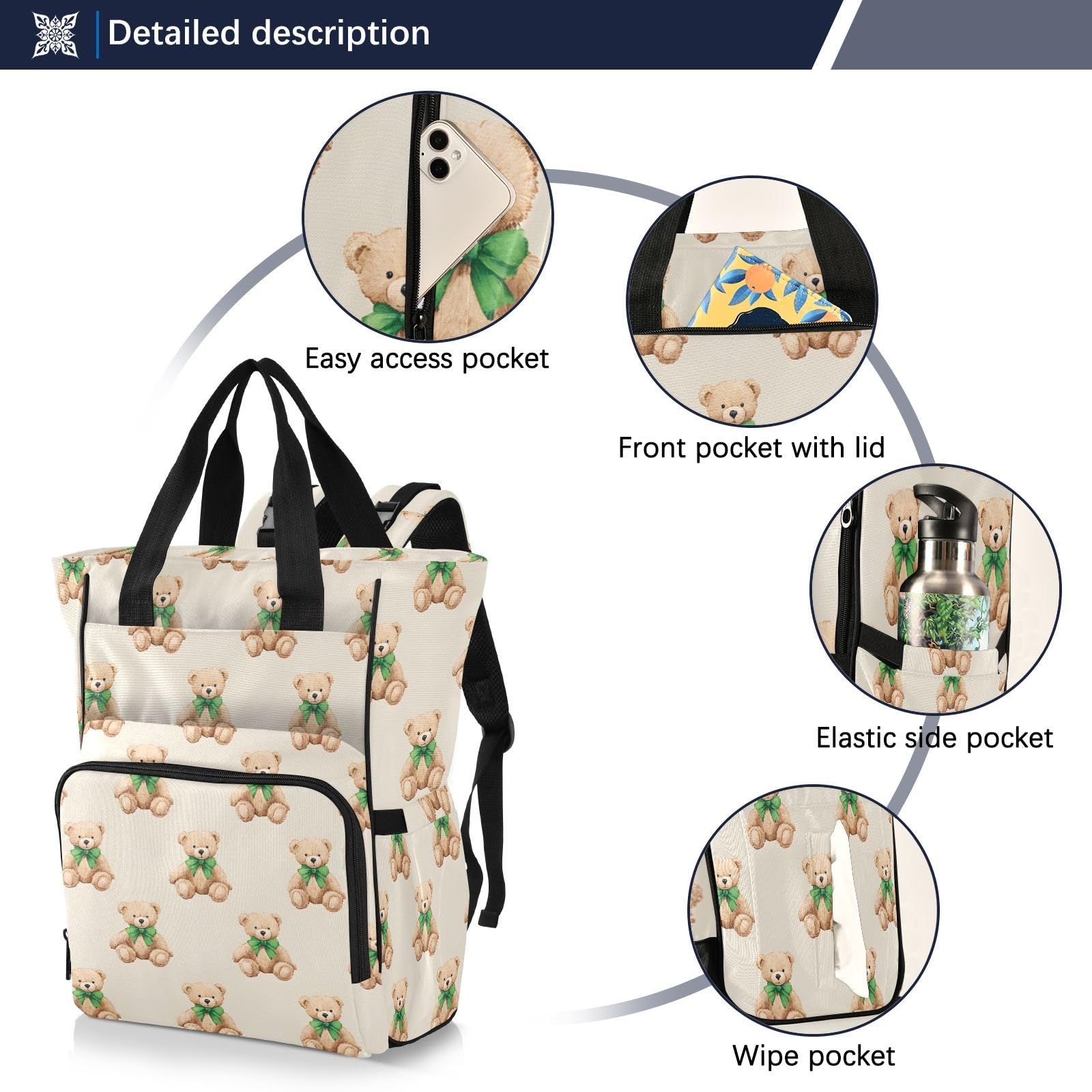 Mnsruu Baby-Wickeltasche mit Teddybär-Schleifenmuster, große Tasche, wasserdicht, Reise-Wickeltaschen für Mütter und Väter