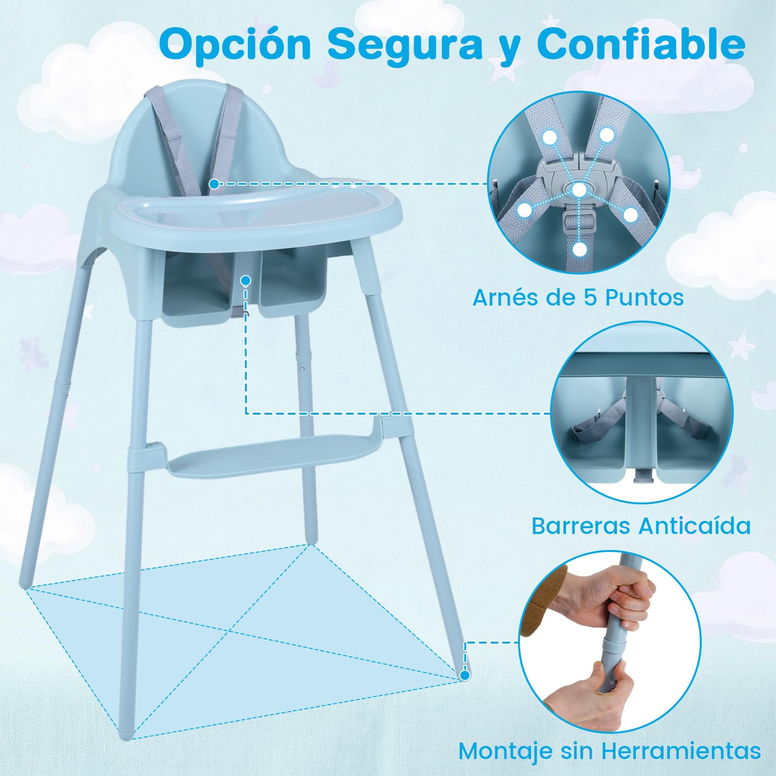 COSTWAY 4 en 1 Tronas de Bebe, Trona Infantil Convertible con 2 Alturas, Bandeja Doble Extraíble, Arnés de Seguridad de 5 Puntos, Reposapiés, Silla de Comer para Bebes de 6-36 Meses (Azul)