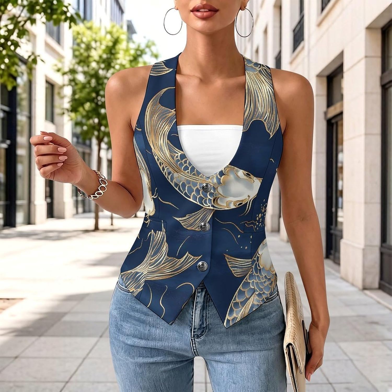 Japanese Fish Gold Navy Blue Women's Tuxedo Waistcoat Suit Vest | 3 Button V-Neck Slim Fit Casual Sleeveless Top