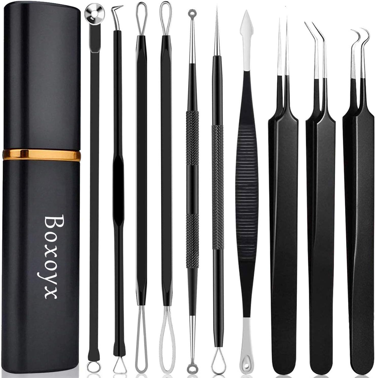 Bousder [Upgrade]Blackhead Remover Pimple, 10 Pcs Professional Pimple Comedone Extractor Popper Tool Acne Removal Kit - Treatment for Pimples, Blackheads, Zit Removing, Forehead,Facial and Nose(Black)