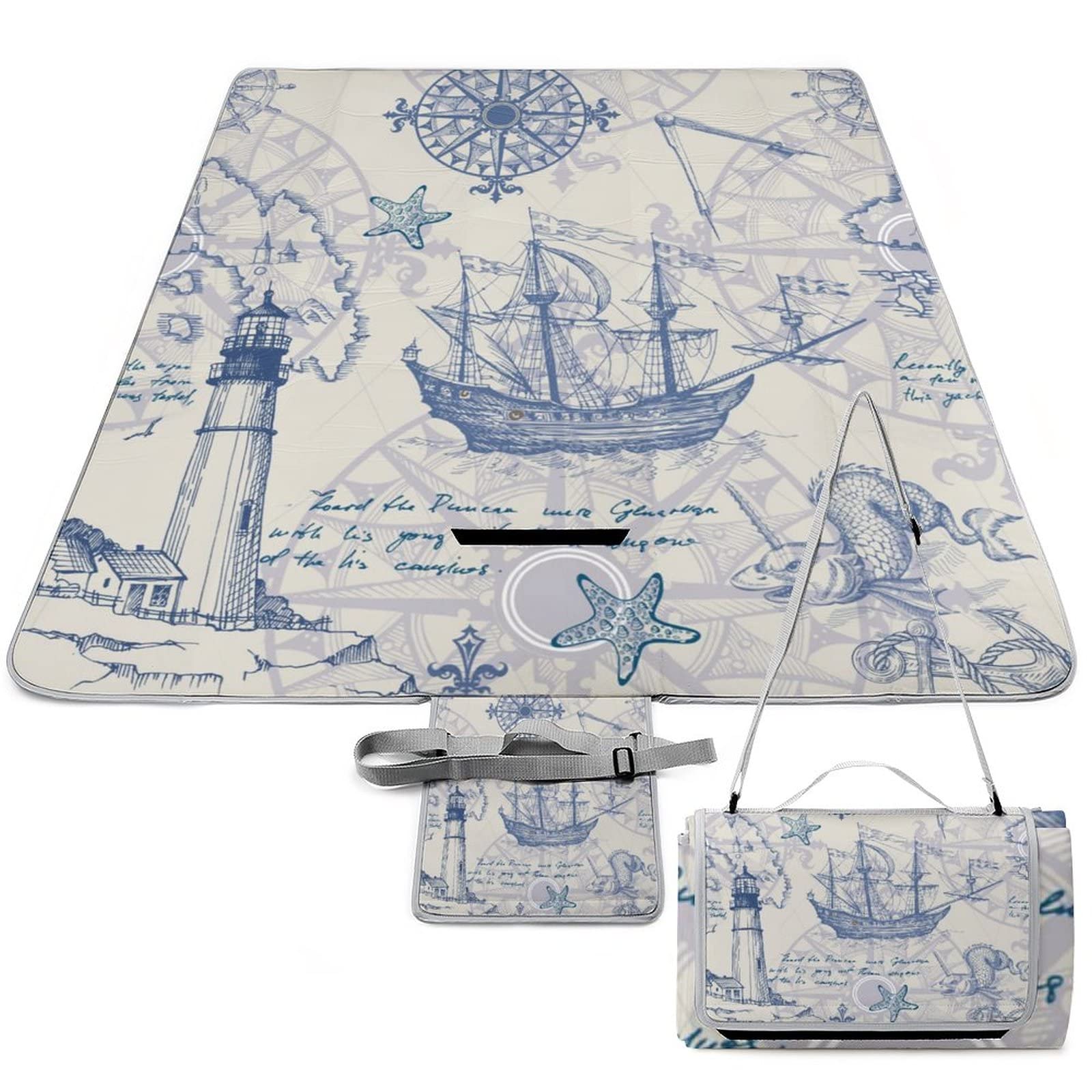 Kazynee Nautical Sailboat Lighthouse Beach Picnic Blanket Rustic Hand Painted Compass Anchor Starfish Decorative for Outdoor Picnics, Beach, Camping 58.3x58.3 Inch