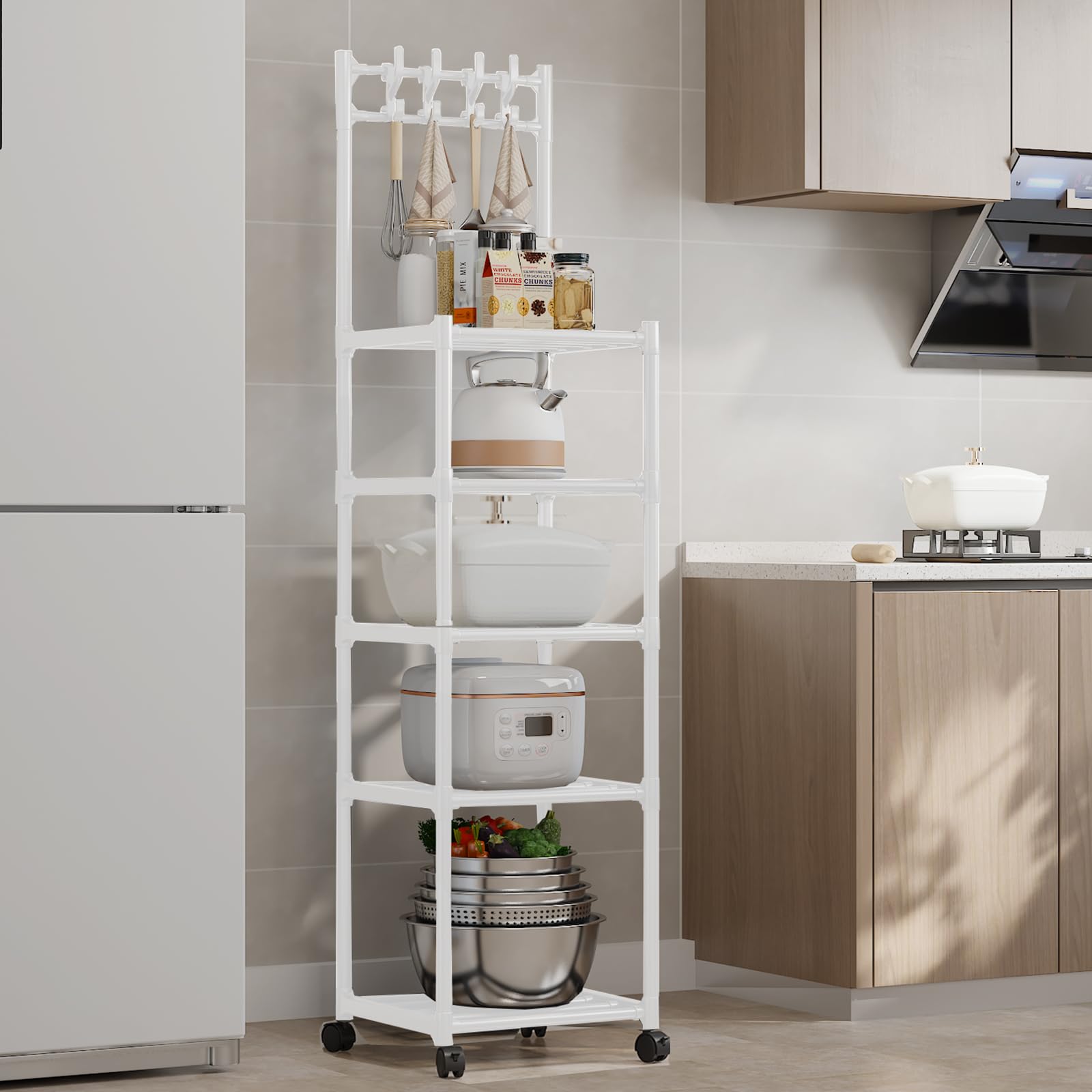 5-poziomowy stojak kuchenny na kółkach – regał z drutu metalowego, wolnostojący schowek użytkowy do spiżarni i łazienki, przemysłowy, 42 x 34 x 152 cm, biały