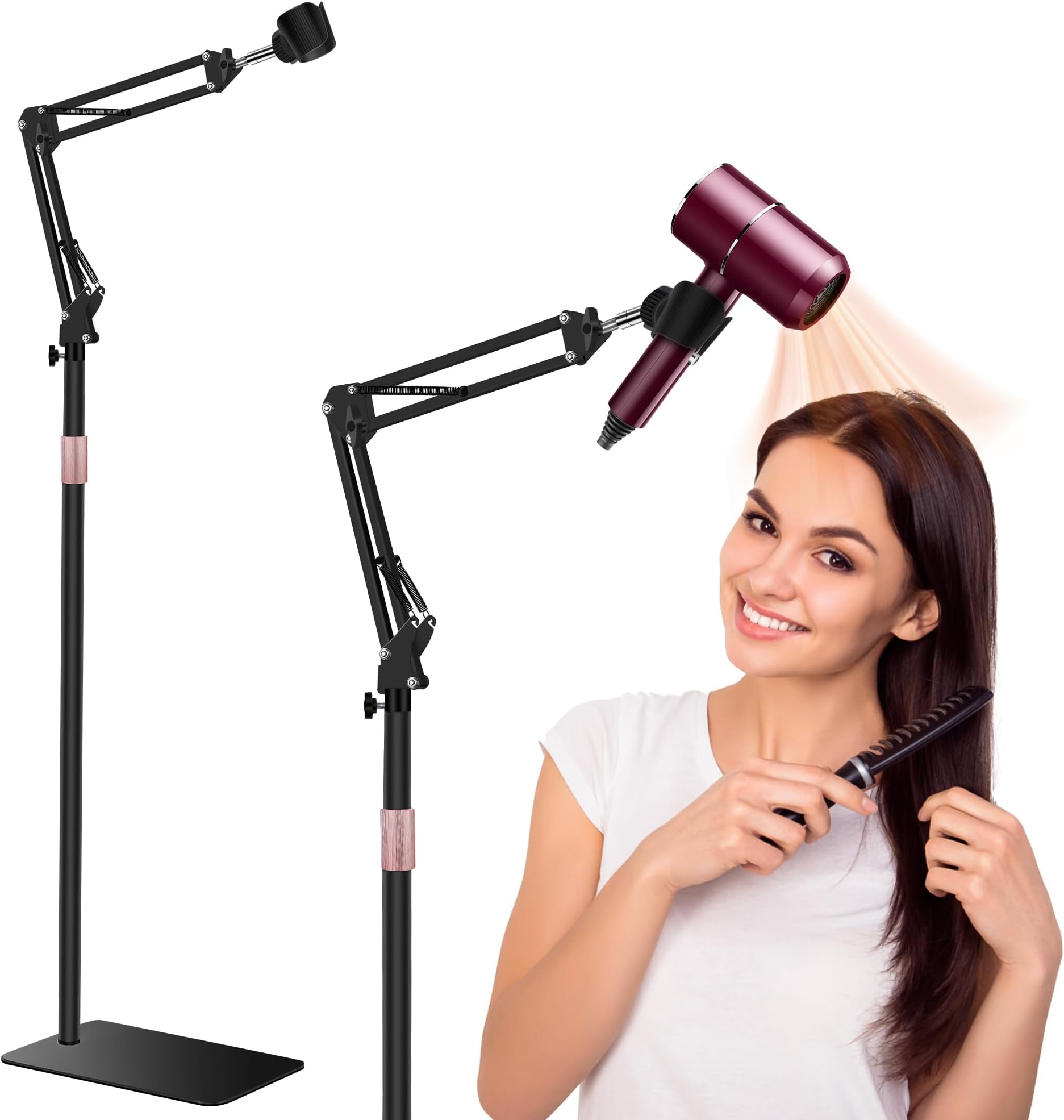 【2023 Upgrade Version】 Hair Dryer Stand, 1.68M Adjustable Height Handsfree Hair Dryer Holder with Heavy Base, 360 Degree Rotating Floor Blow Dryer Holder, Work with 99% Hair Dryer- Black