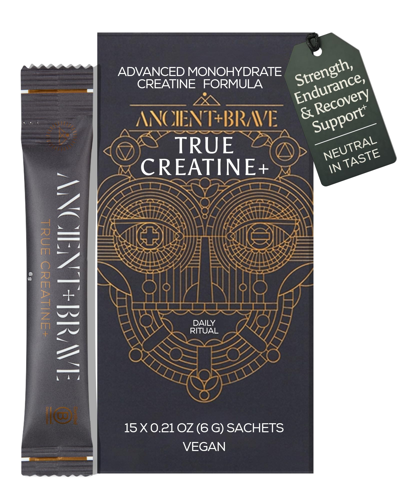 Ancient + Brave Creatina em pó com taurina, magnésio e vitamina D3, 15 sachês de 6 g