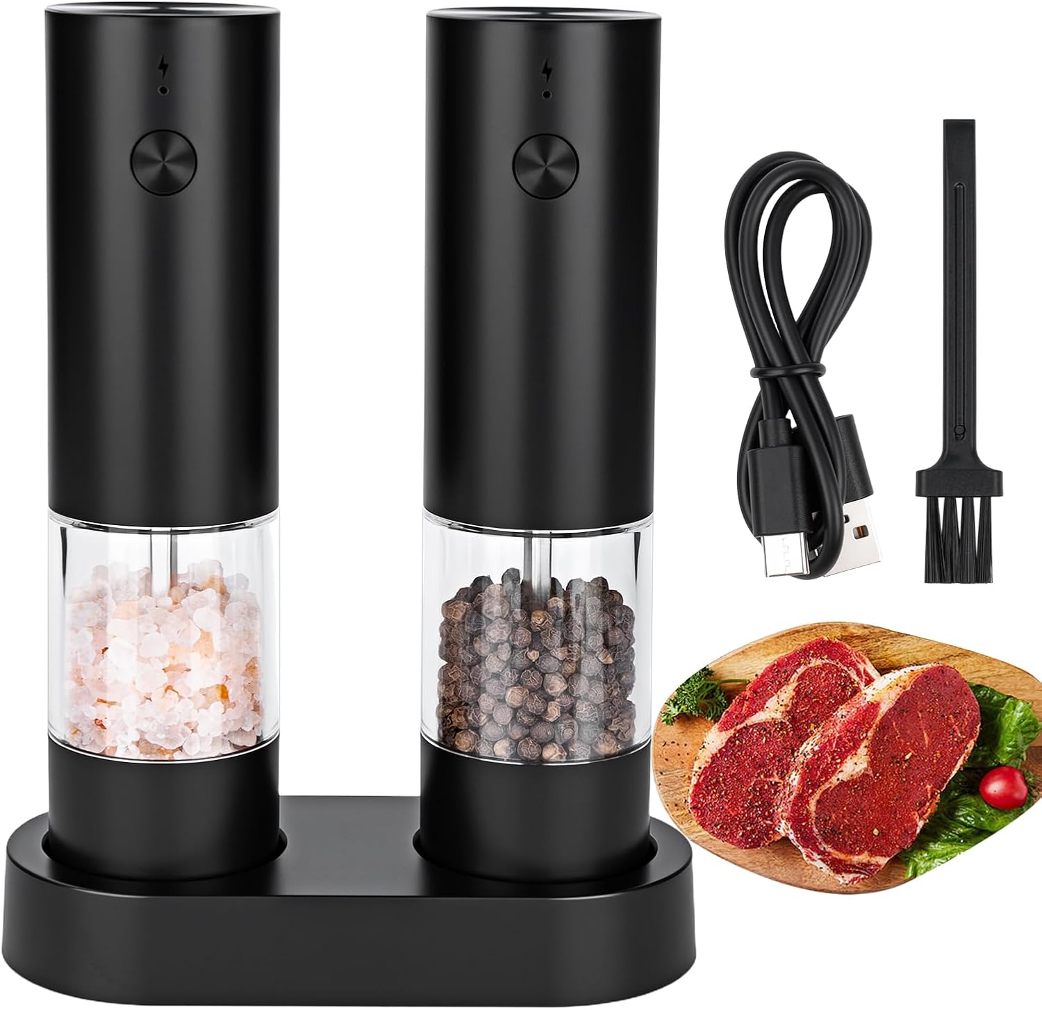 Electric Salt and Pepper Grinder Set, Rechargeable Automatic Grinders with Charging Base, Adjustable Coarseness, LED Light, One-Hand Operation, Refillable Spice Mills 2 Pack