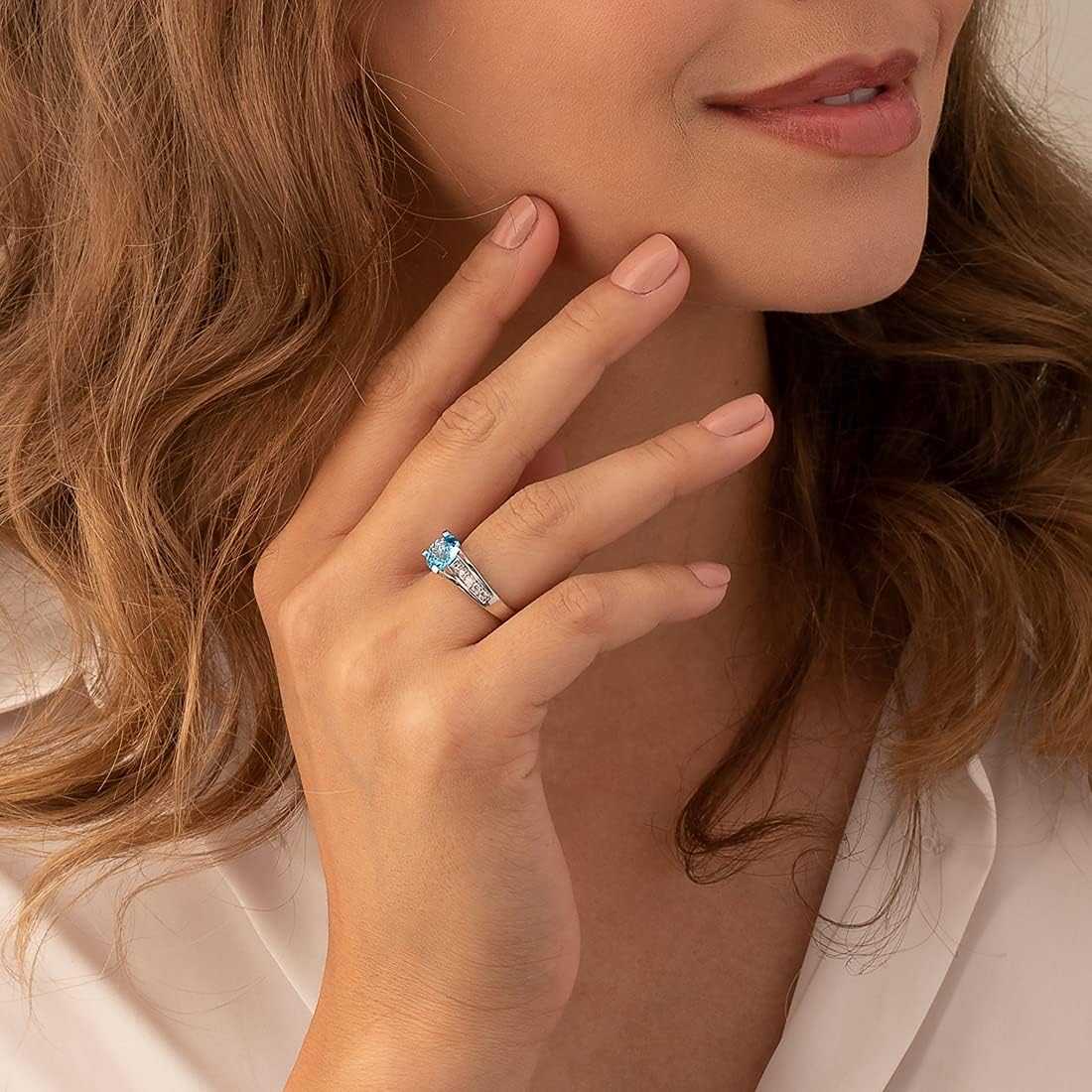 PEORA Swiss Blue Topaz Cathedral Solitaire Ring for Women 925 Sterling Silver, Natural Gemstone Birthstone, 2.25 Carats Round Shape 8mm, Sizes 5 to 9