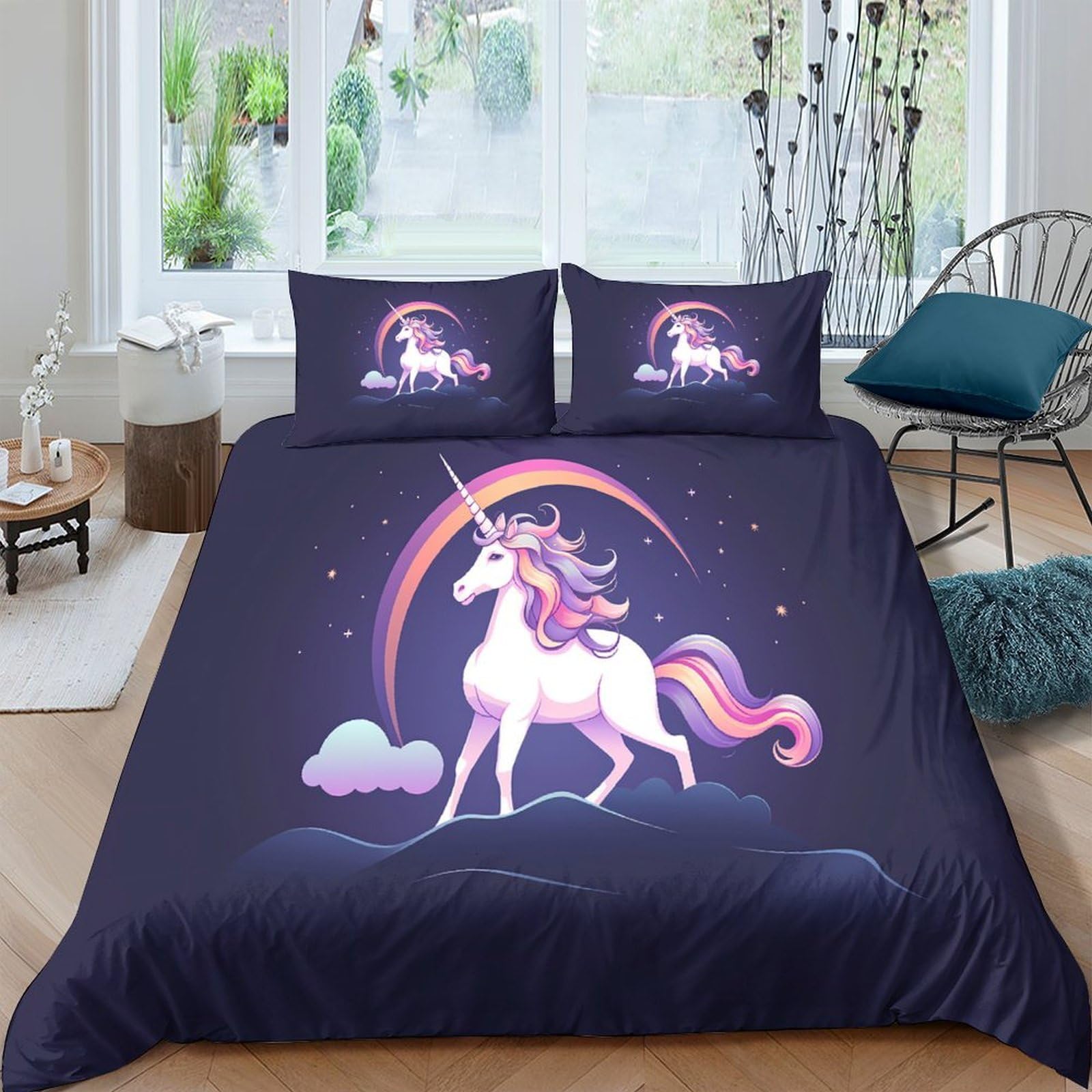 Ctjqhvkz Style-1 3D Printed Magical Unicorn Fitted Sheet Microfiber Soft Purple Fantasy Rainbow Bed Sheet For Bedroom Dorm Decor Single（135X200cm）