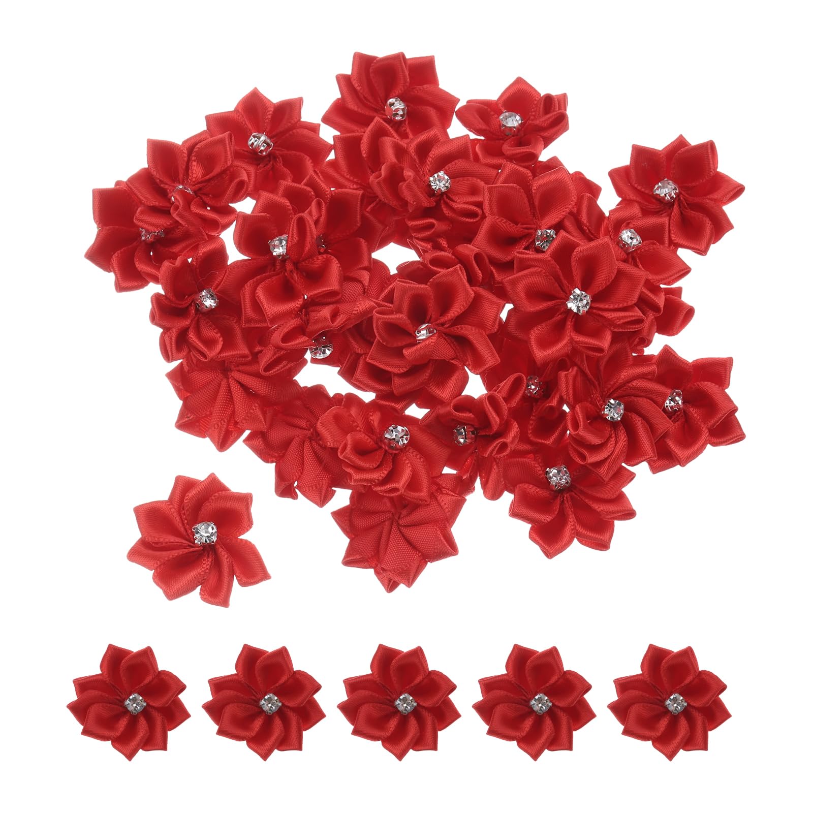 PATIKIL 50 Fiori Di Raso Mini 3 Cm Con Strass Per Fai Da Te, Matrimoni E Decorazioni (Rosso)