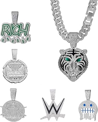Lced Out Diamond Cuban Chain for Men | Hip Hop Miami Link Necklace Silver & Gold Plated Options with Pendant, 7-Pack Gift Set