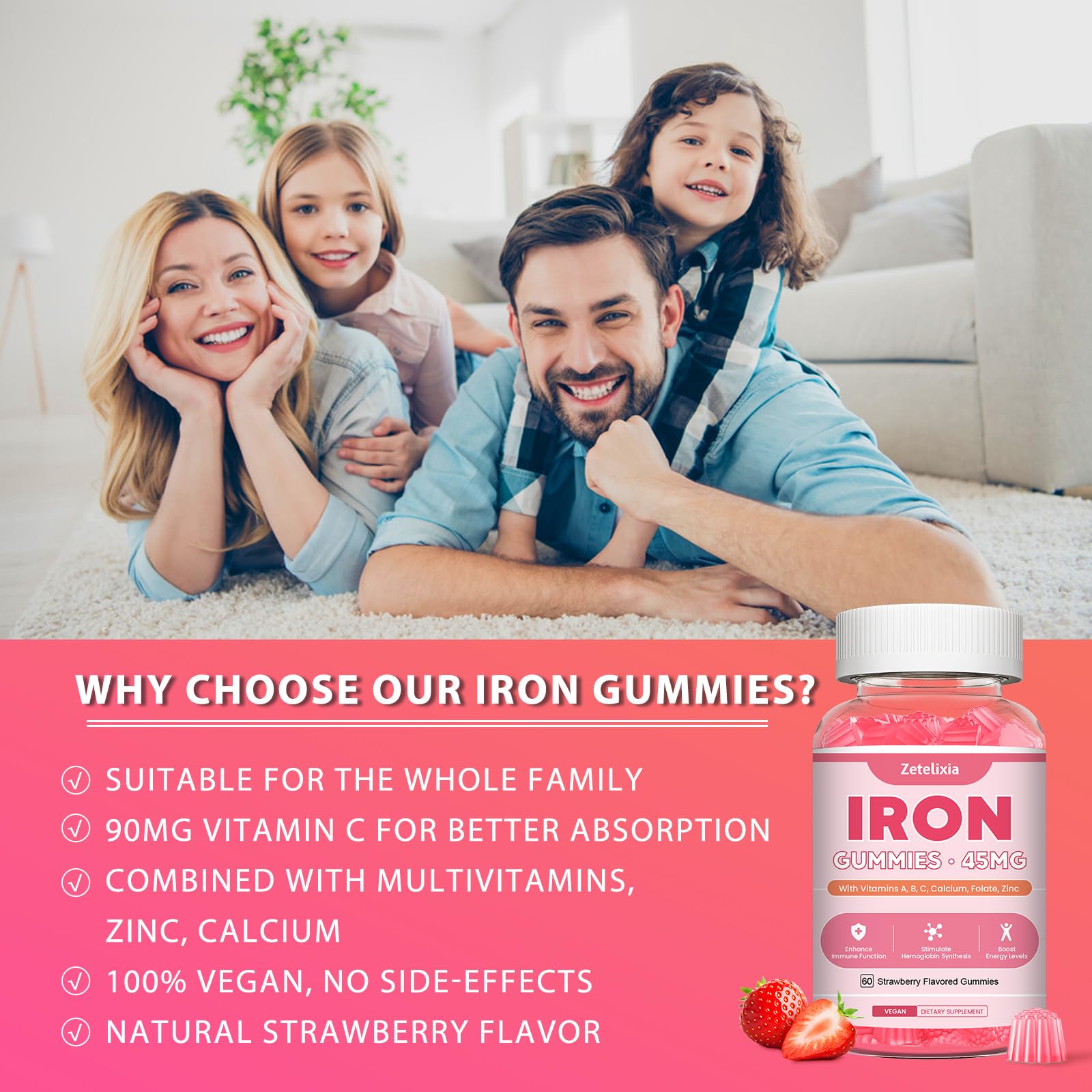 Vegan Iron Supplement Gummies for Women & Men, Anemia, Blood Builder & Energy Support for Iron Deficiency, with Vitamin C, A, B Complex, Folate, CoQ10, Sugar Free, Non-GMO, 60 Count — Amazon image 6