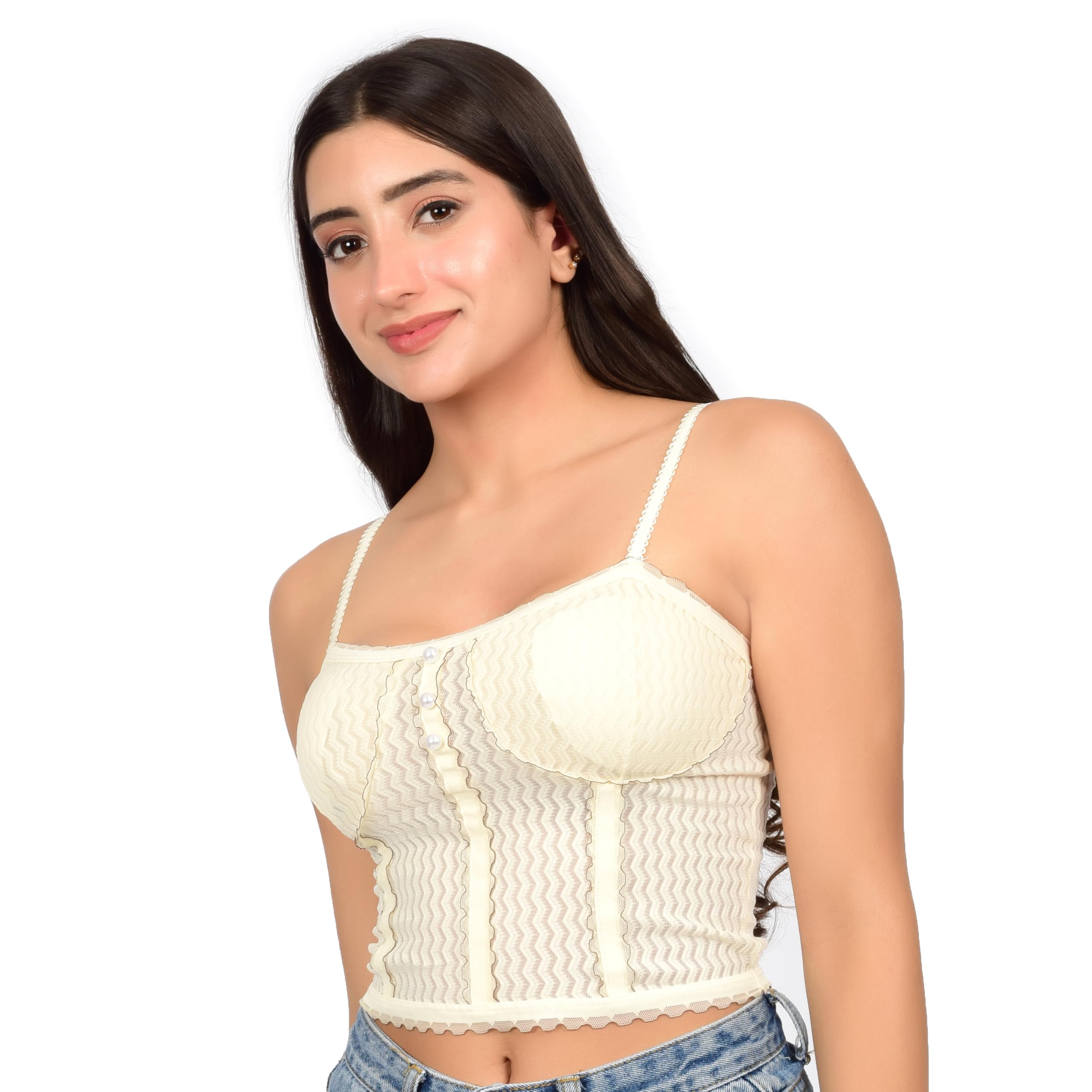 bare dezire Women's Stylish Printed Lightly Padded Wireless Sleeveless Tank Top for Women I Casual Sleeveless Longline Wirefree Full Coverage Cami Top - Beige, Size - S 1