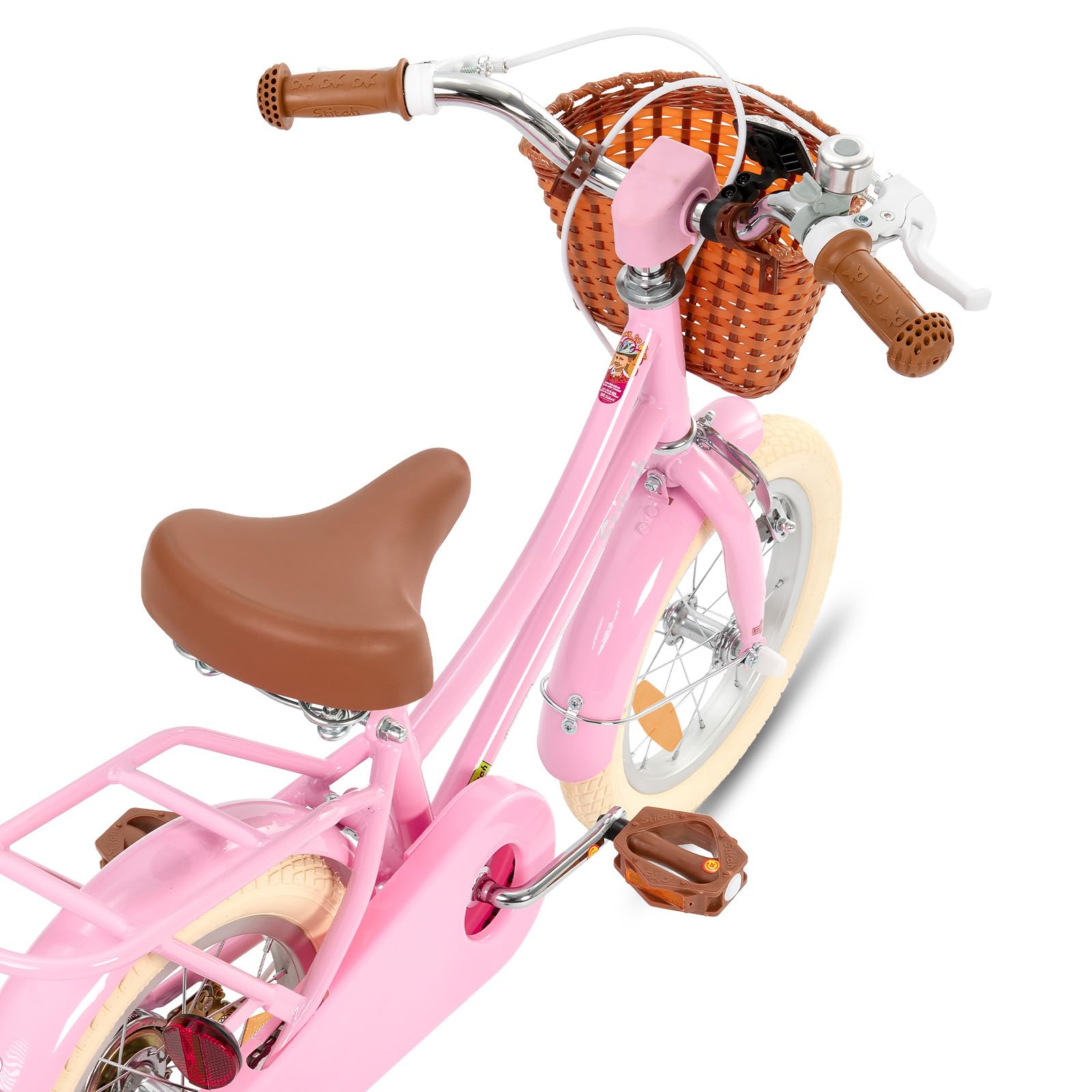 Bicicletta per bambini 12-18 pollici con cestino e ruote stabilizzatrici verde e rosa