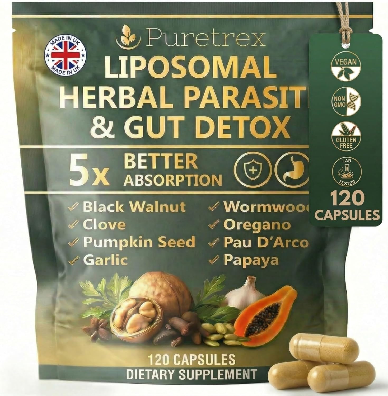 Liposomal Herbal Parasite & Gut Detox, 120 Capsules, 5X Better Absorption, with Black Walnut, Wormwood, Clove, Pumpkin Seed, Garlic, Oregano, PAU D'Arco, Papaya