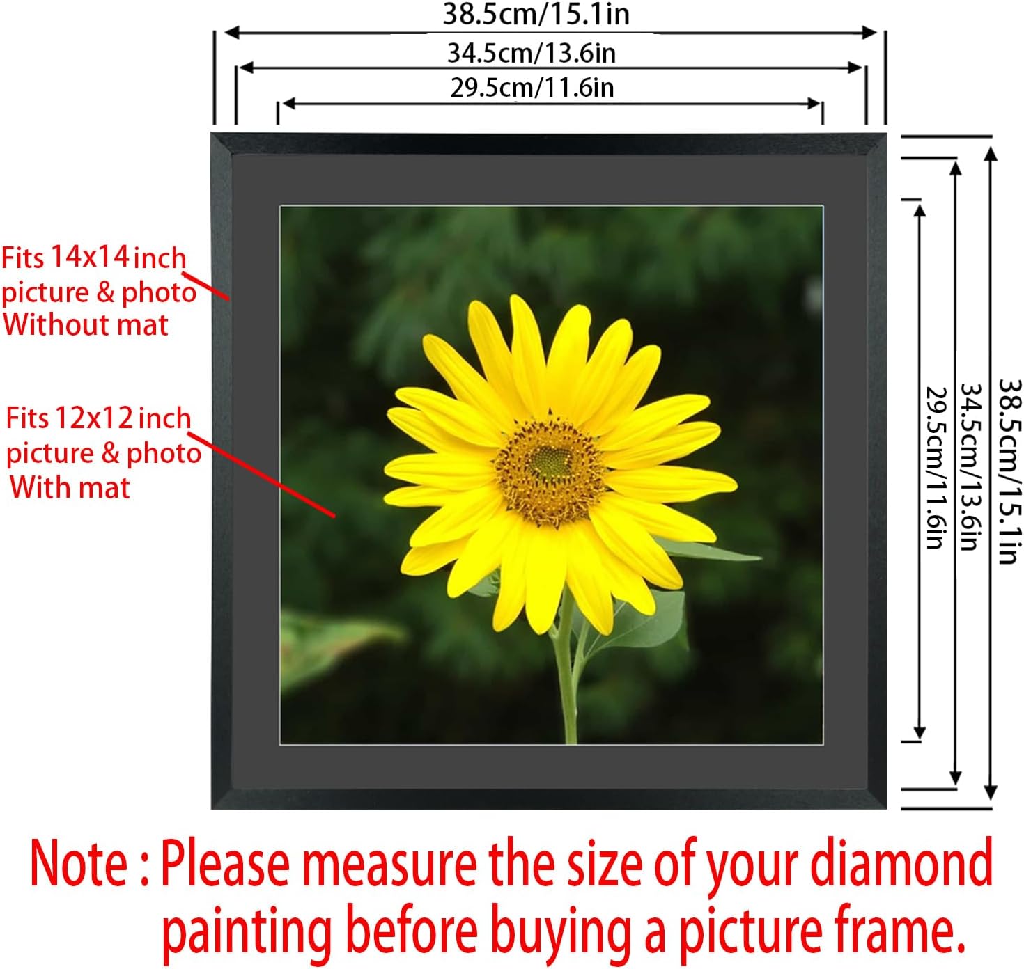 Mxtallup 14x14 Diamond Painting Frame with 12x12 in Black Mat ，Display Pictures 12x12 in With Mat or 14x14 in Without Mat, 30x30 cm Poster Picture Frames 35x35 cm Photo Frames Wood,Black